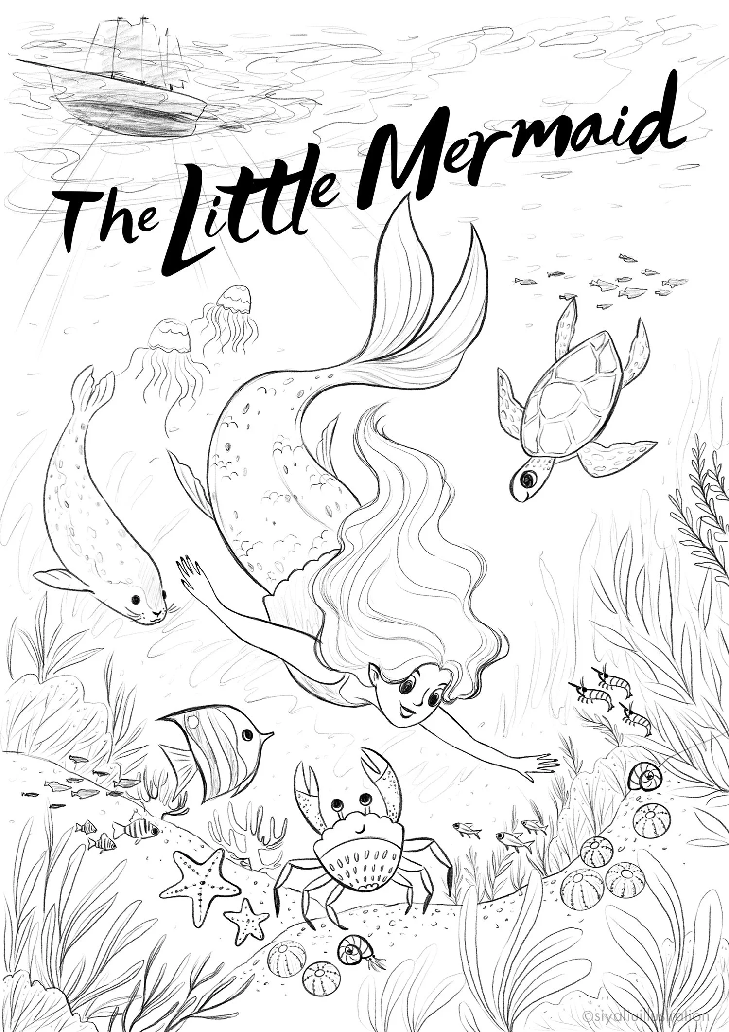 The final sketch for The Little Mermaid theatre poster illustration by Siya Liu. 