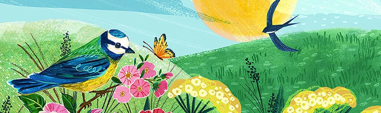 An illustration created by Siya Liu, it show a group of dog roses with a blue tit and a wren on the branch against a countryside landscape on a summery day.