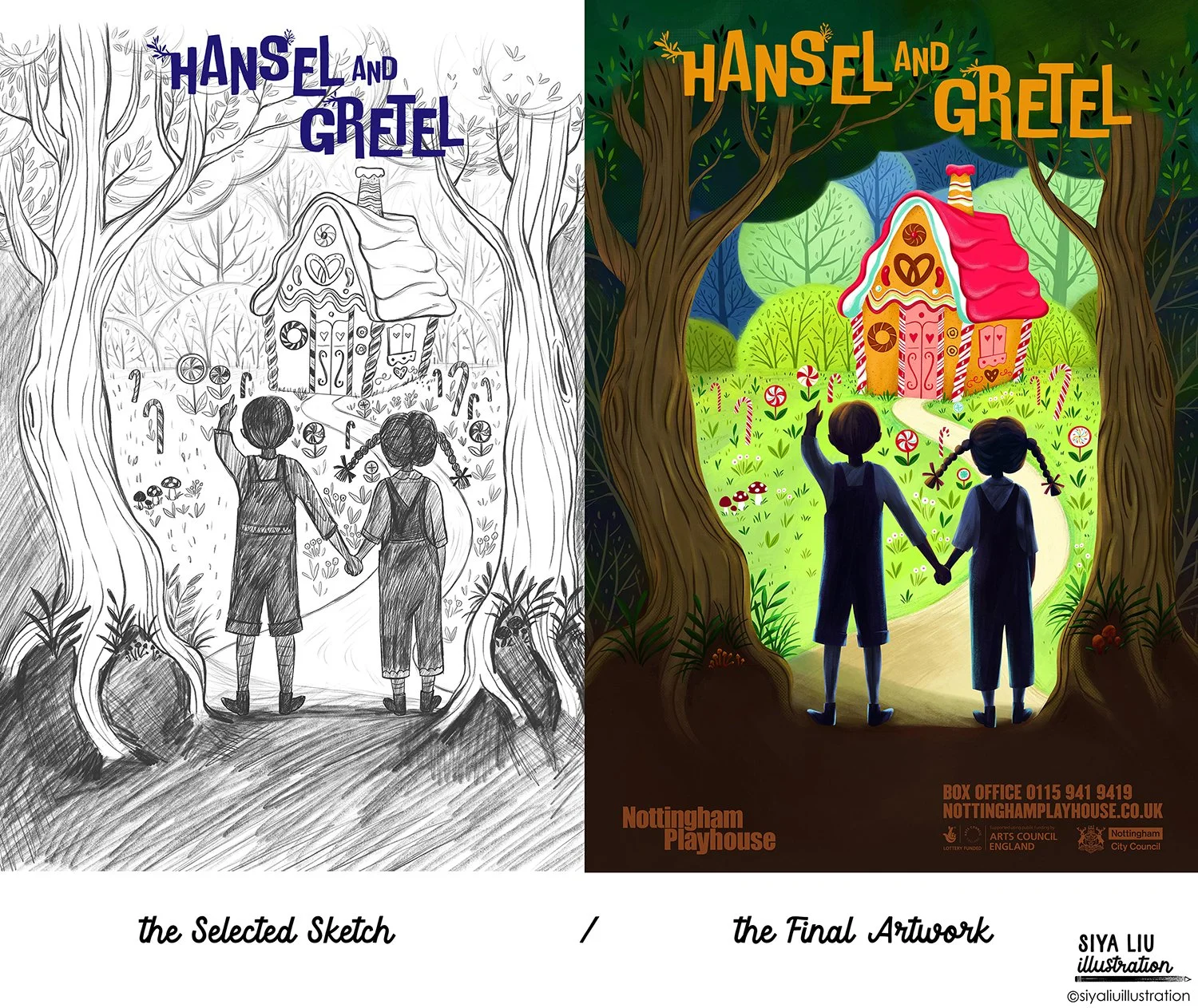 From sketch to finished design for Hansel and Gretel theatre poster illustration by Siya Liu.