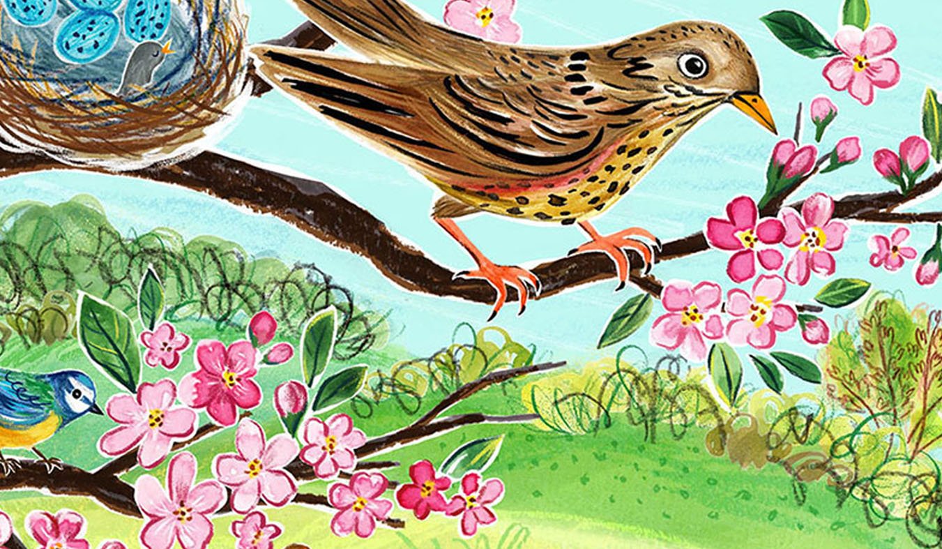 An illustration of a bird in a nest with blue eggs on a flowering cherry blossom tree, with a sun in the sky and several other birds flying. Additional small birds and a rabbit are visible on the ground below.