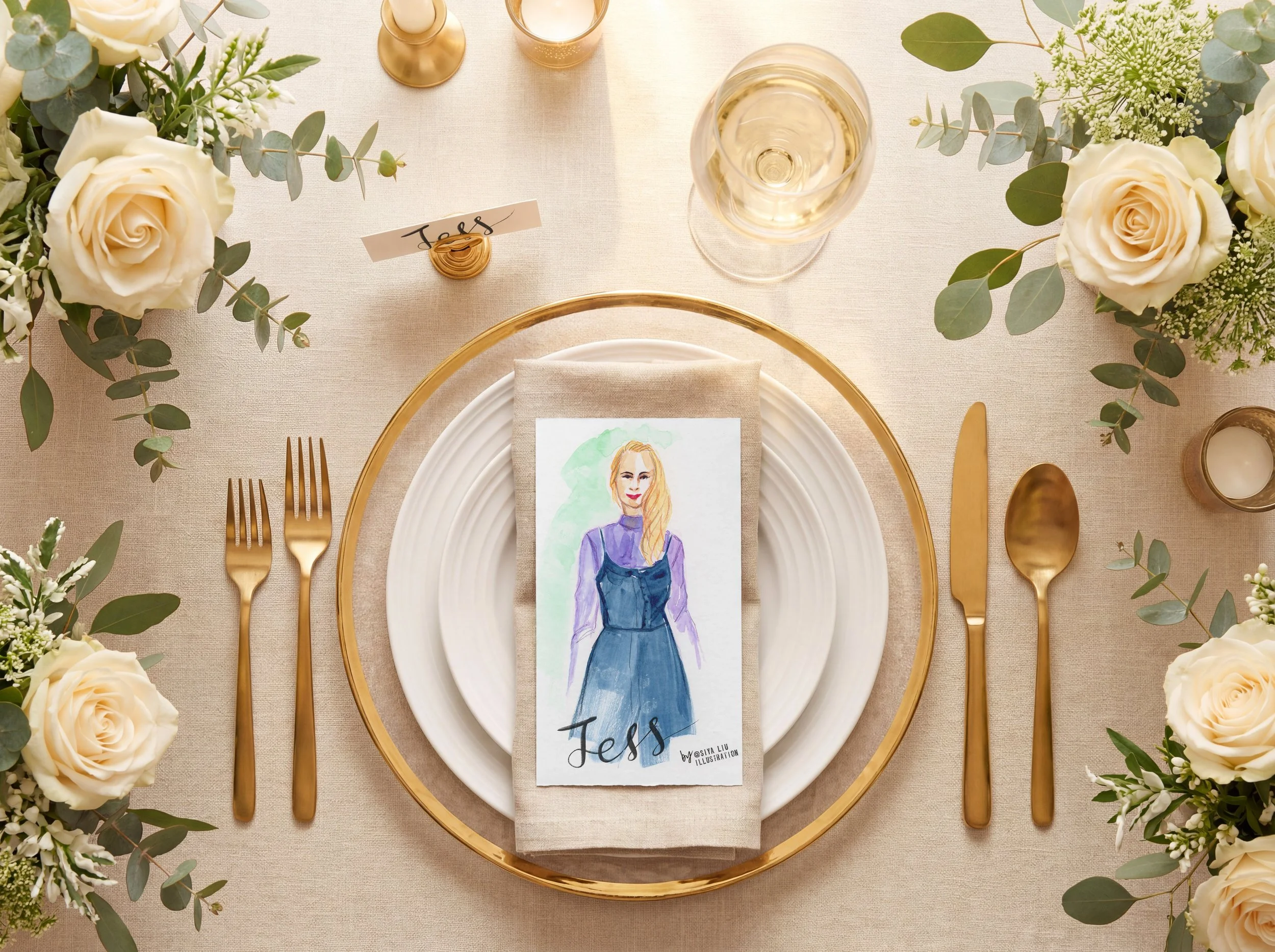A fashion illustration of a lady dressed in a purple top and shoulder strap dress, named Jess, works as a luxury event or wedding place card and keepsake gift, hand-illustrated by Siya Liu, Live Event Artist at a live event.
