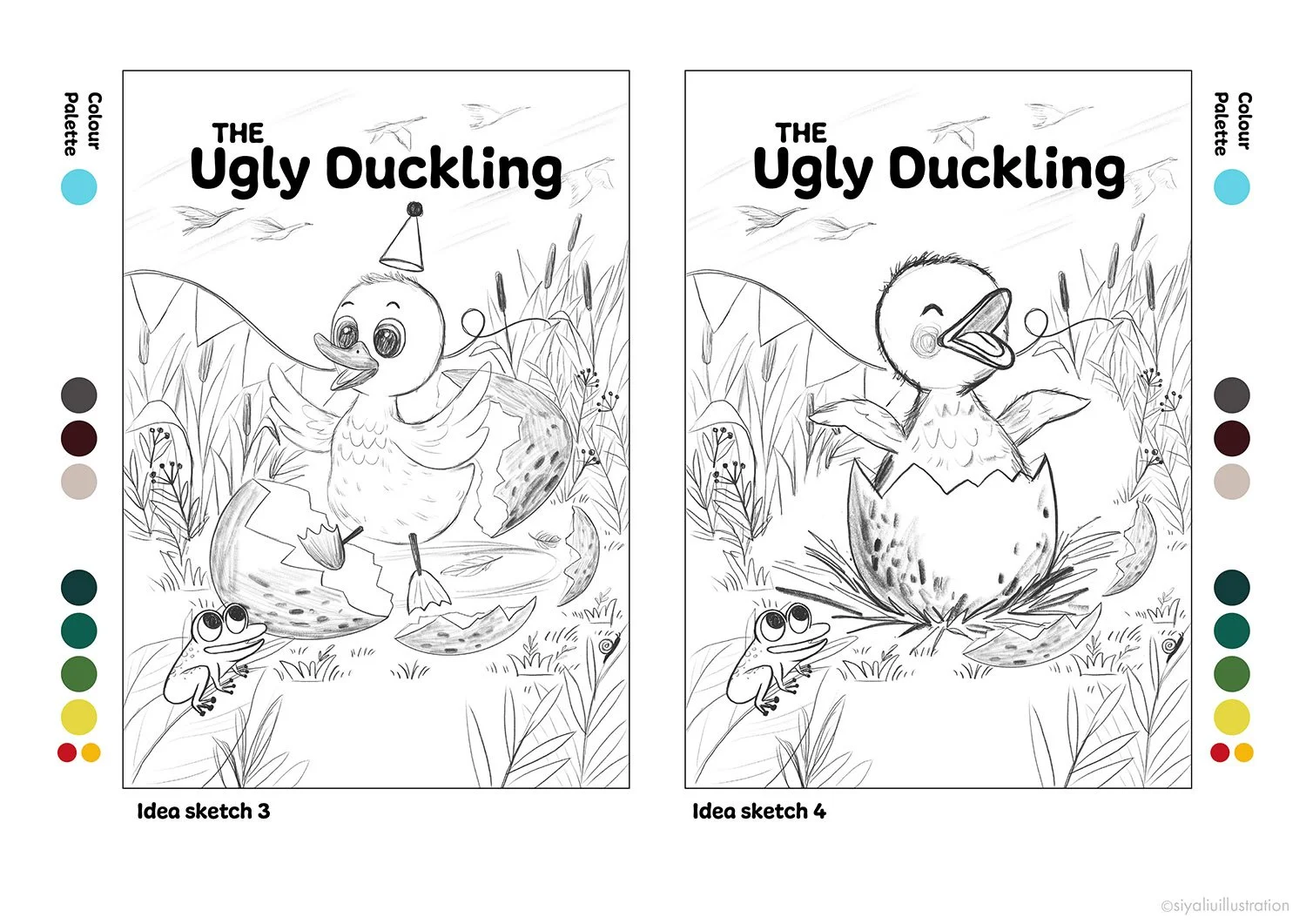 The draft sketches for the Ugly Duckling theatre poster illustration by Siya Liu. 