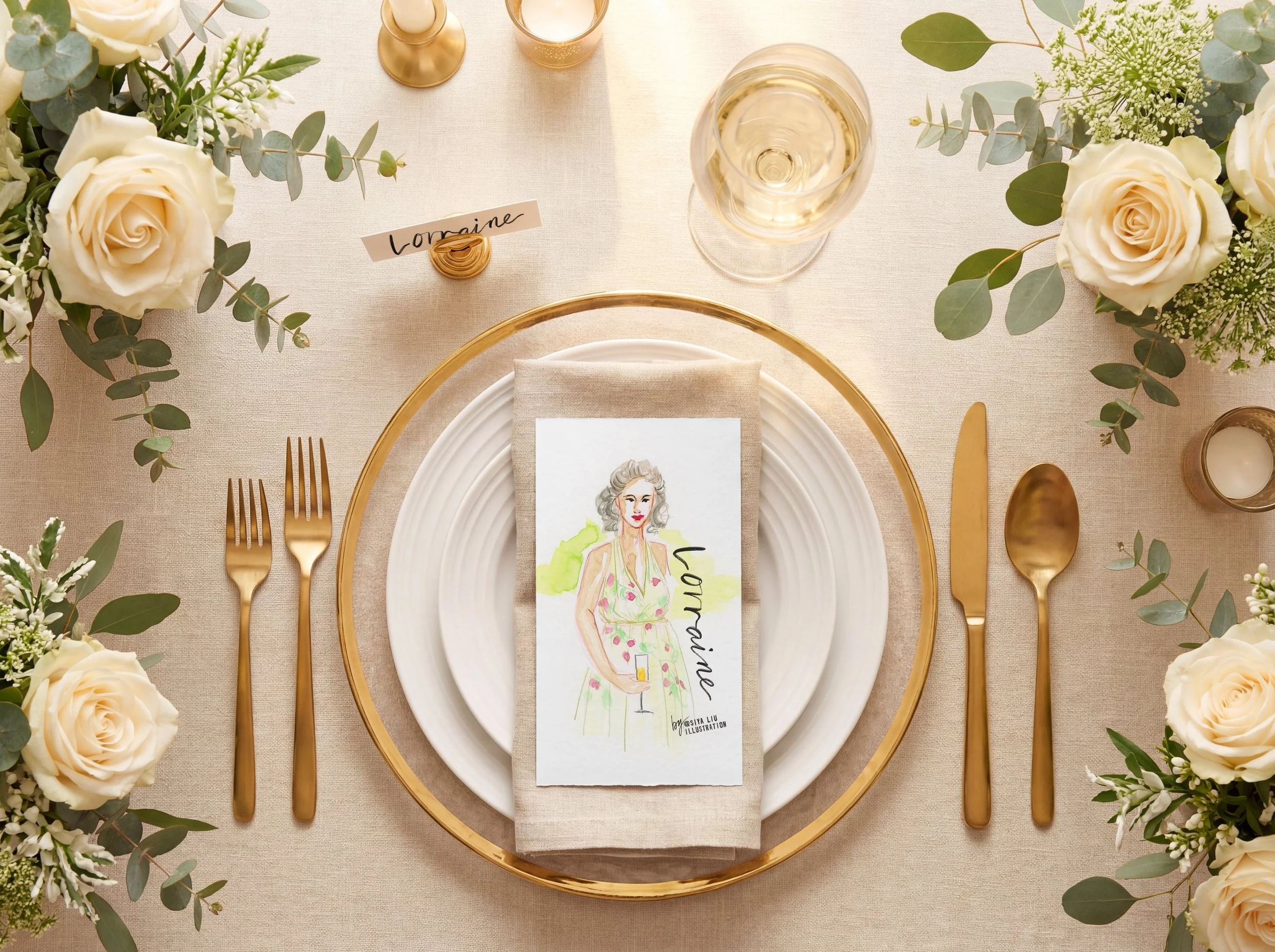 A fashion illustration of a lady in a floral dress, named Lorraine, works as a luxury event or wedding place card and keepsake gift, hand-illustrated by Siya Liu, Live Event Artist at a live event.