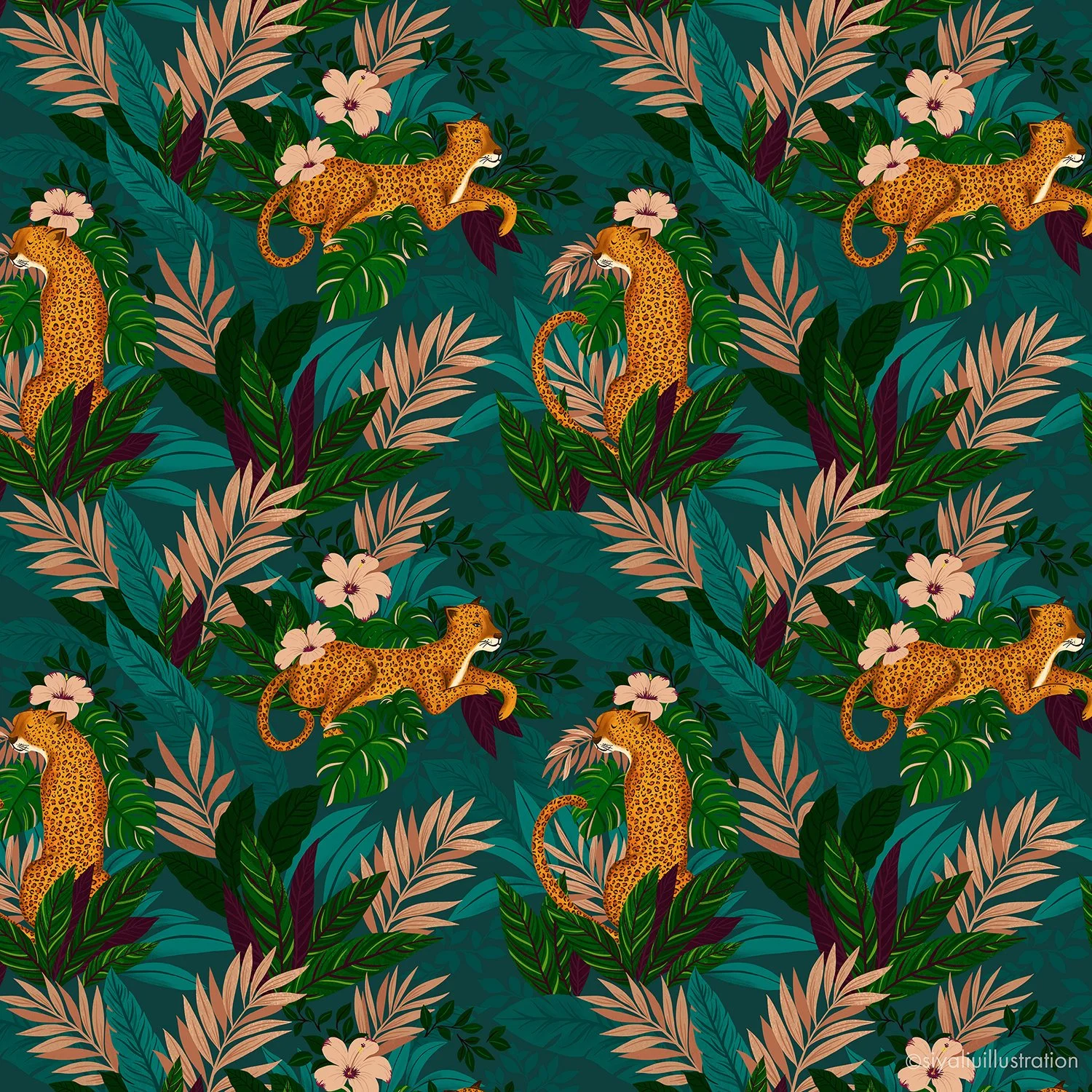 Stylised Leopards characters and leaves repeatable pattern by Siya Liu