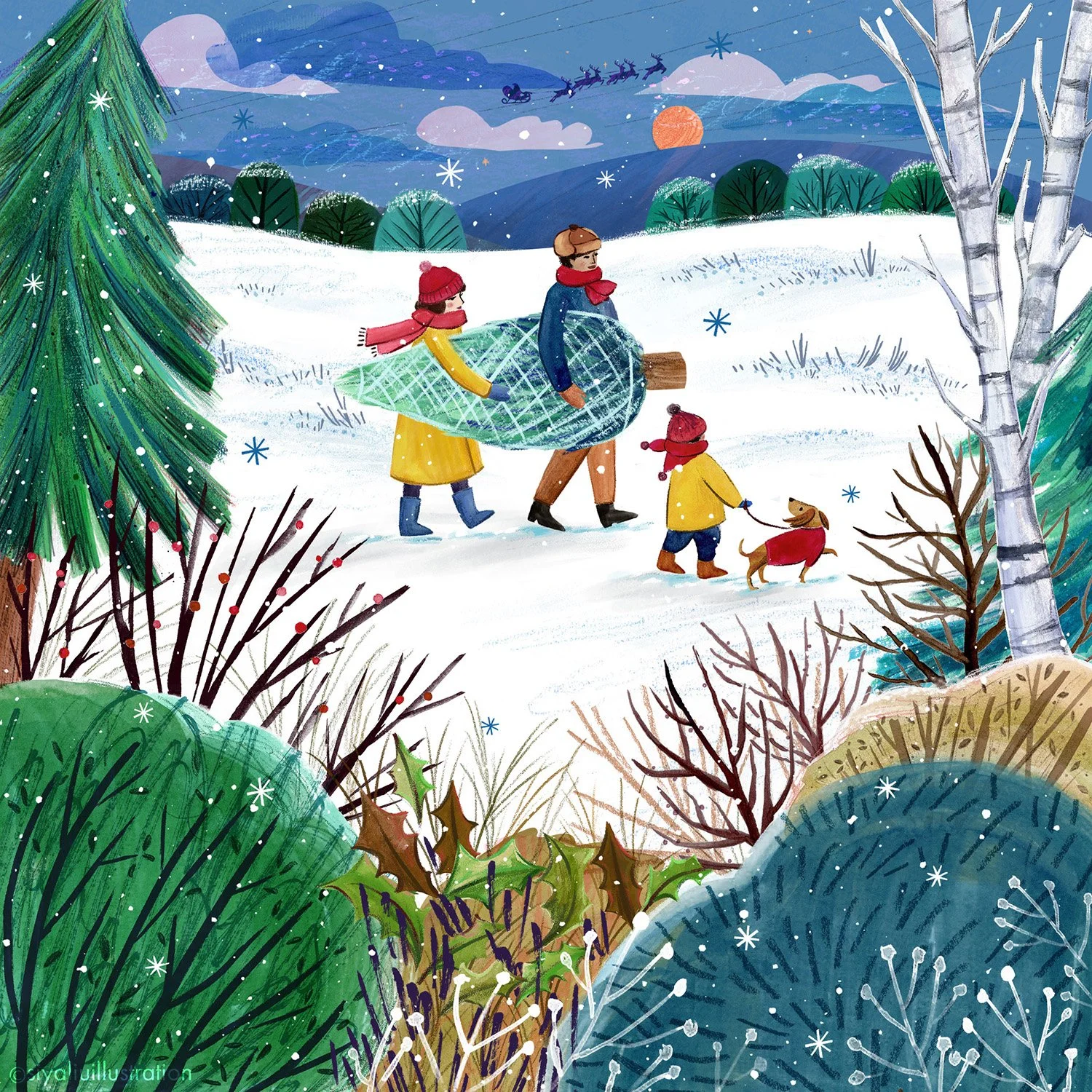 A mixed-media Winter / Christmas theme illustration featuring a family with a small child and a dog on a walk home with a Christmas tree, created by Siya Liu.  