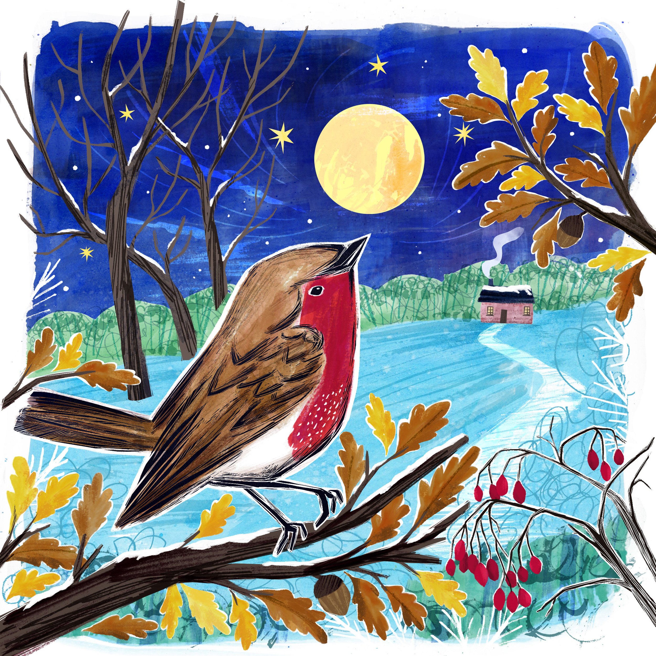 a robin on a brach in a winter countryside landscape, mixed-media illustration.