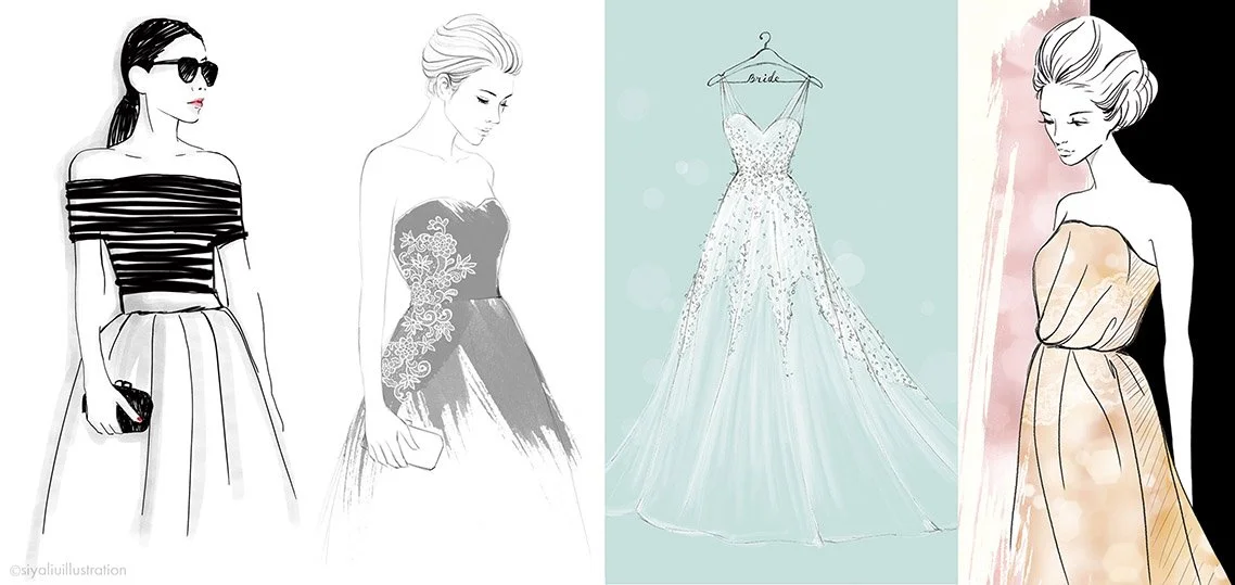 A range of fashion illustration features 4 images, 1 lady waring back and white dress and a pair of sun glasses; 1 lady in a lacy wedding dress, a beautiful wedding gown in a blue background, a lady wearing an peach evening dress.