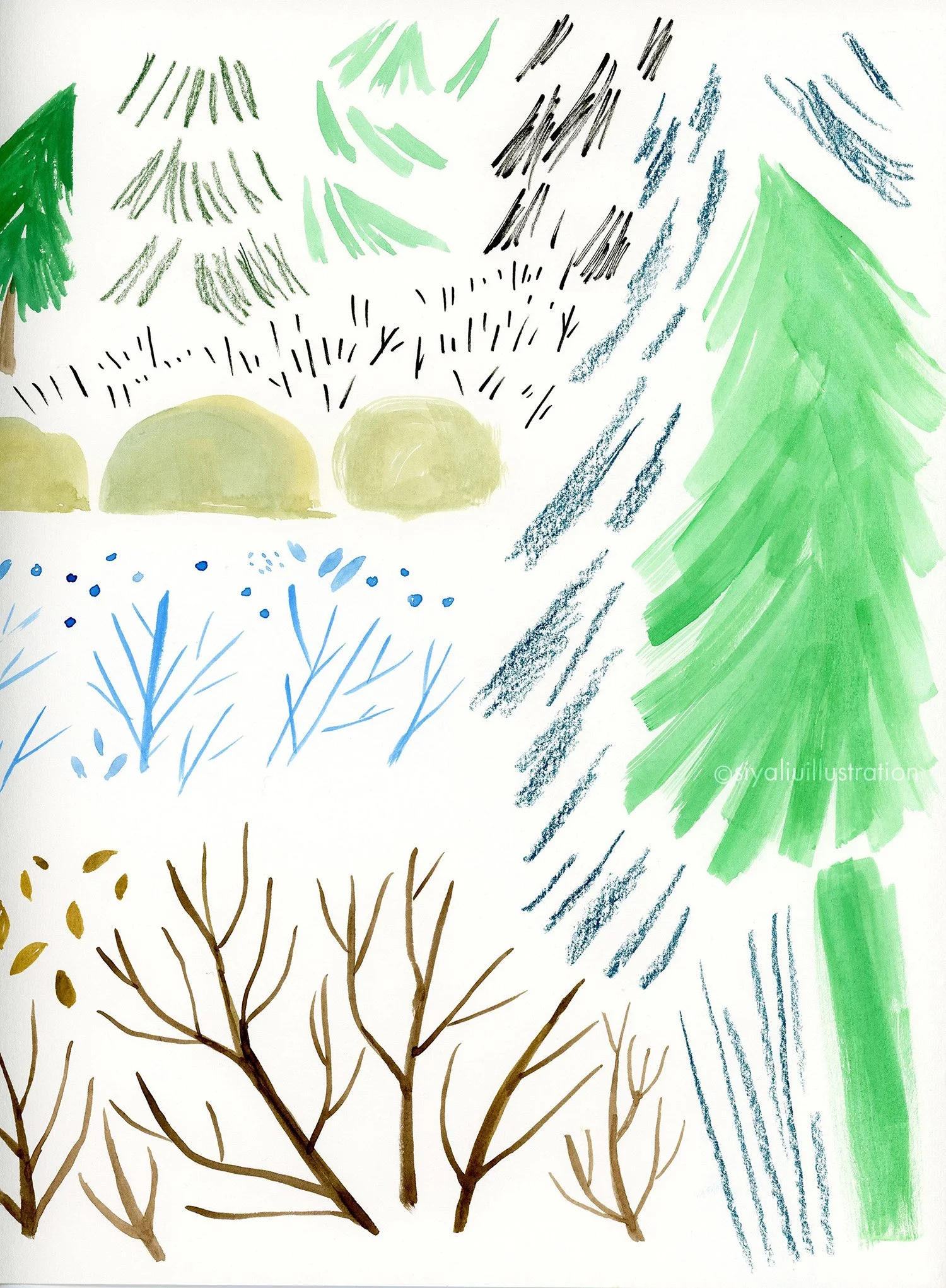 A mixture of paintings created by Siya Liu for a series of Winter/Christmas theme illustrations. 