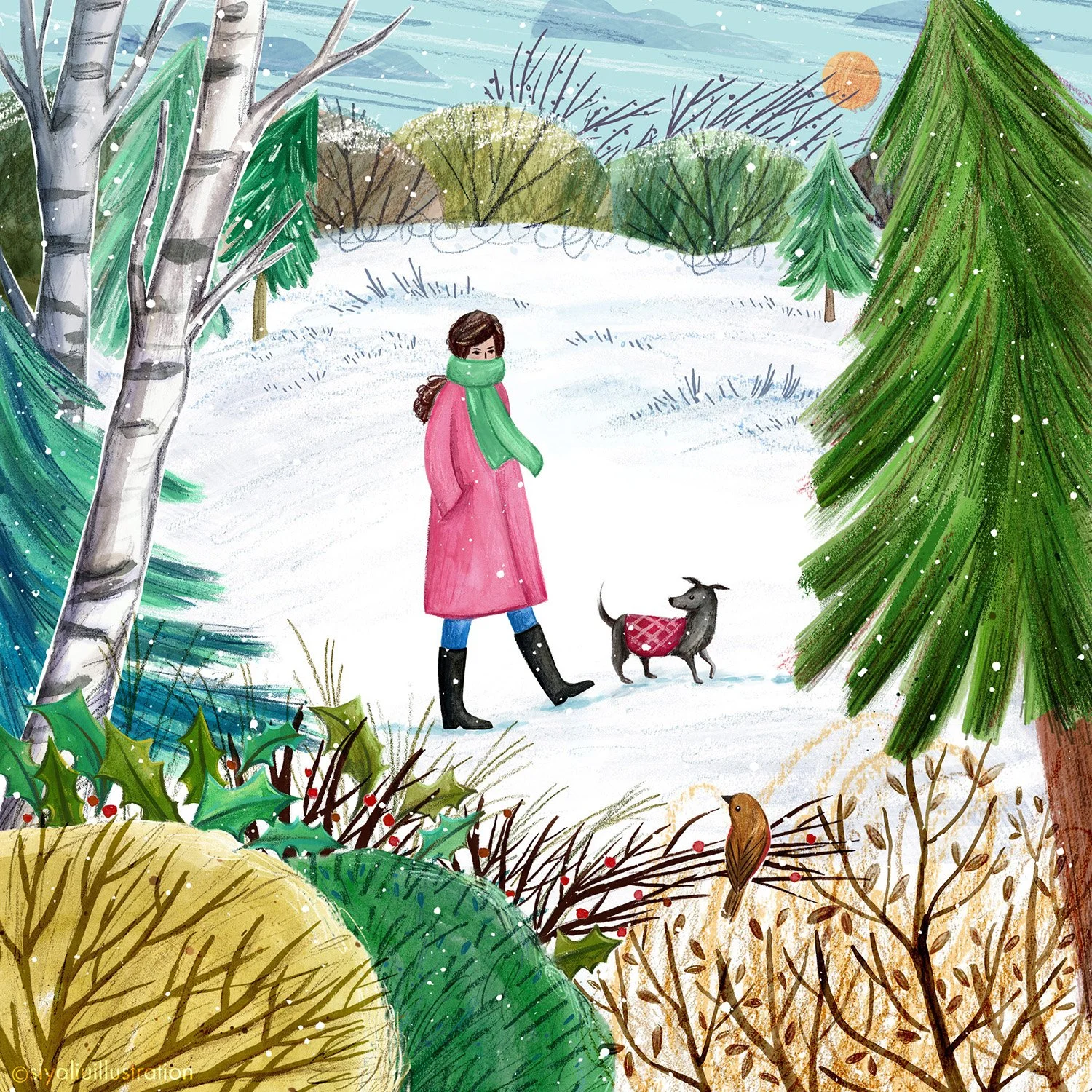 A mixed-media illustration created by Siya Liu featuring a lady with a pink coat walking with a little black dog in a wintery landscape.