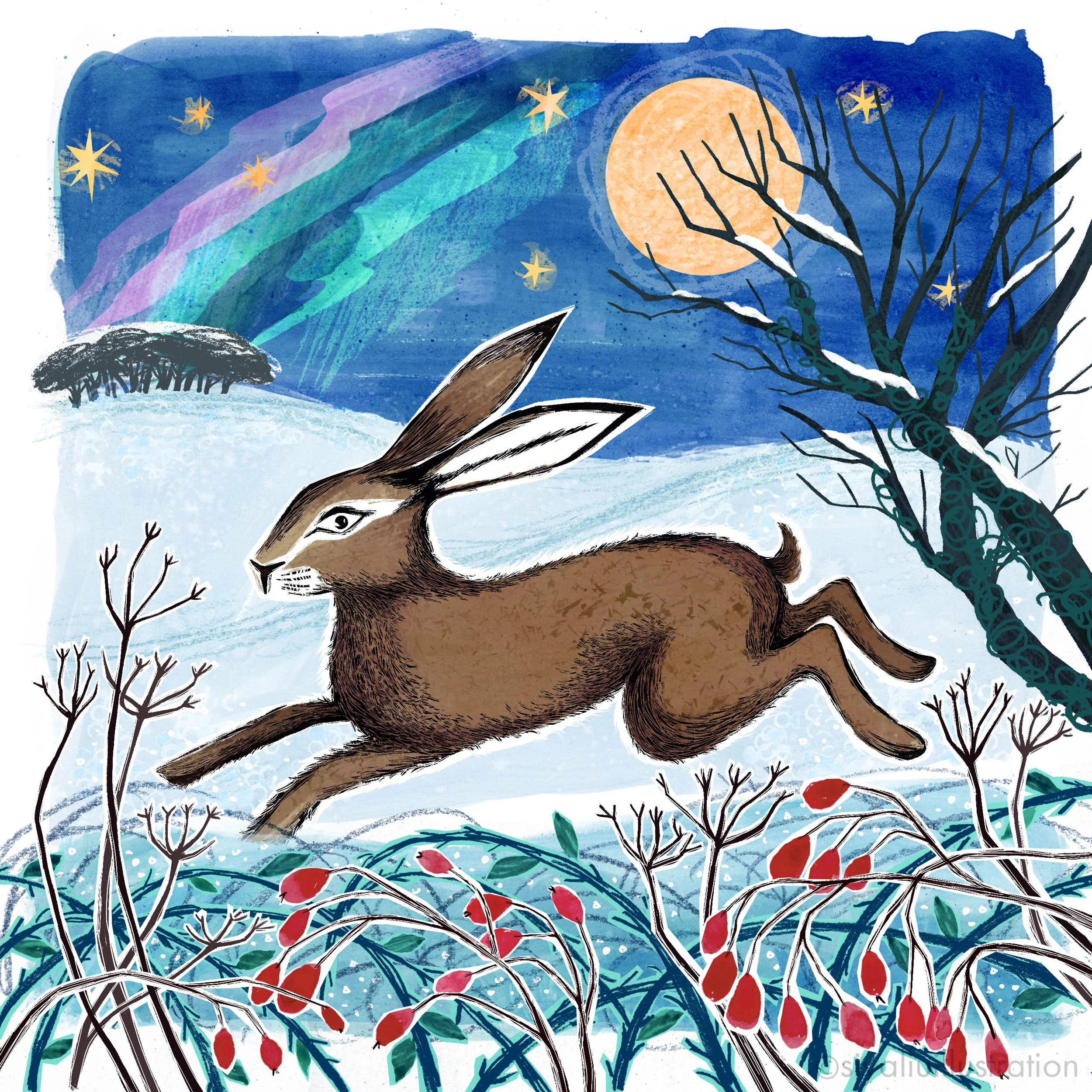 running hare in a winter countryside landscape, mixed-media illustration.
