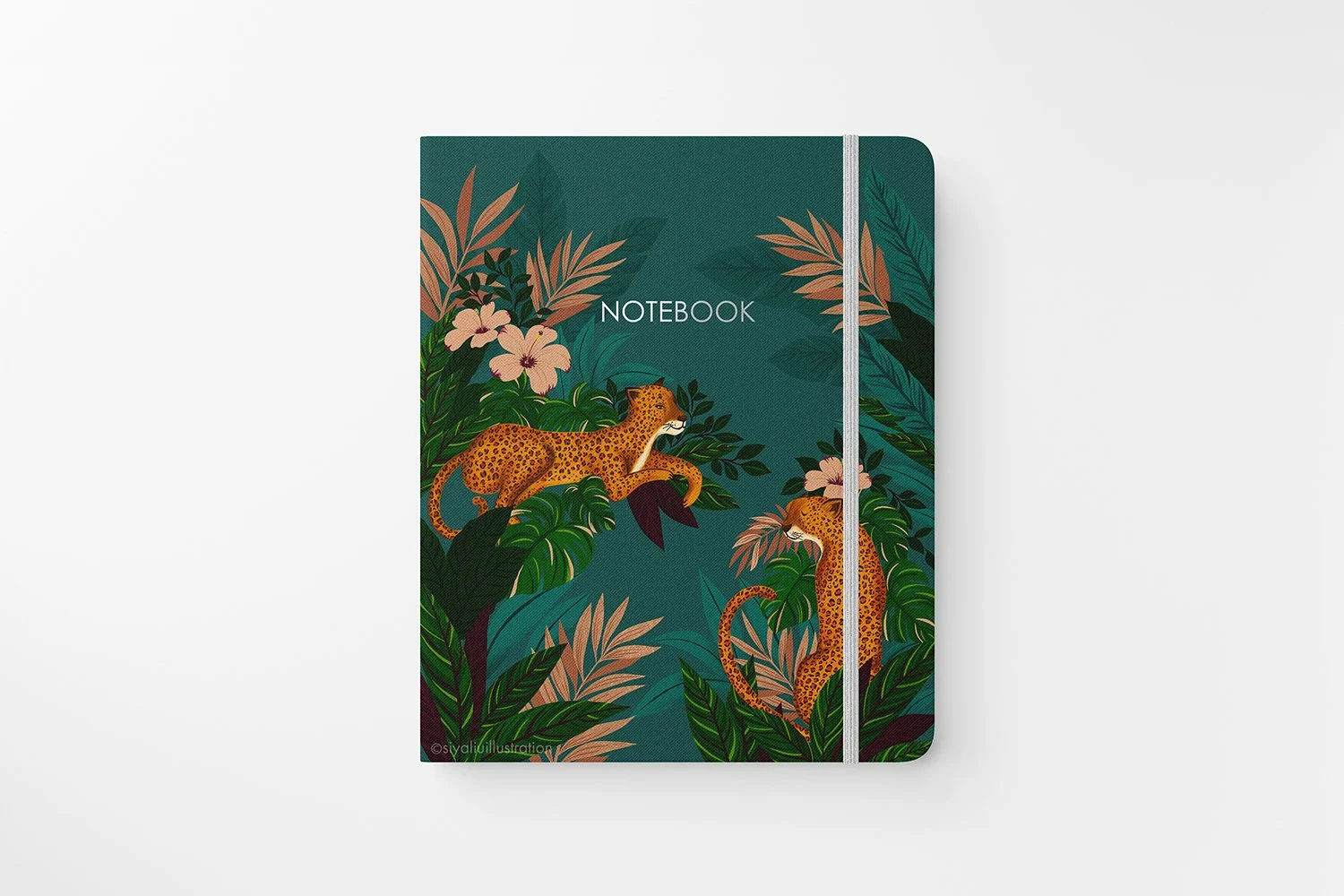 A notebook cover features 2 leopards and jungle foliage illustrated by Siya Liu.