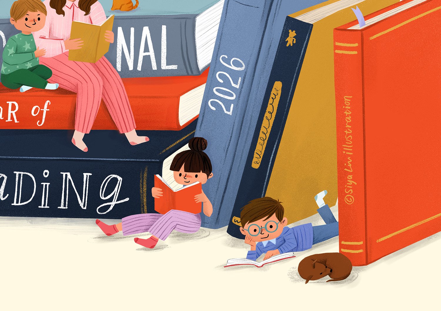 An illustration of a group of children and an adult reading book among books created by Siya Liu.