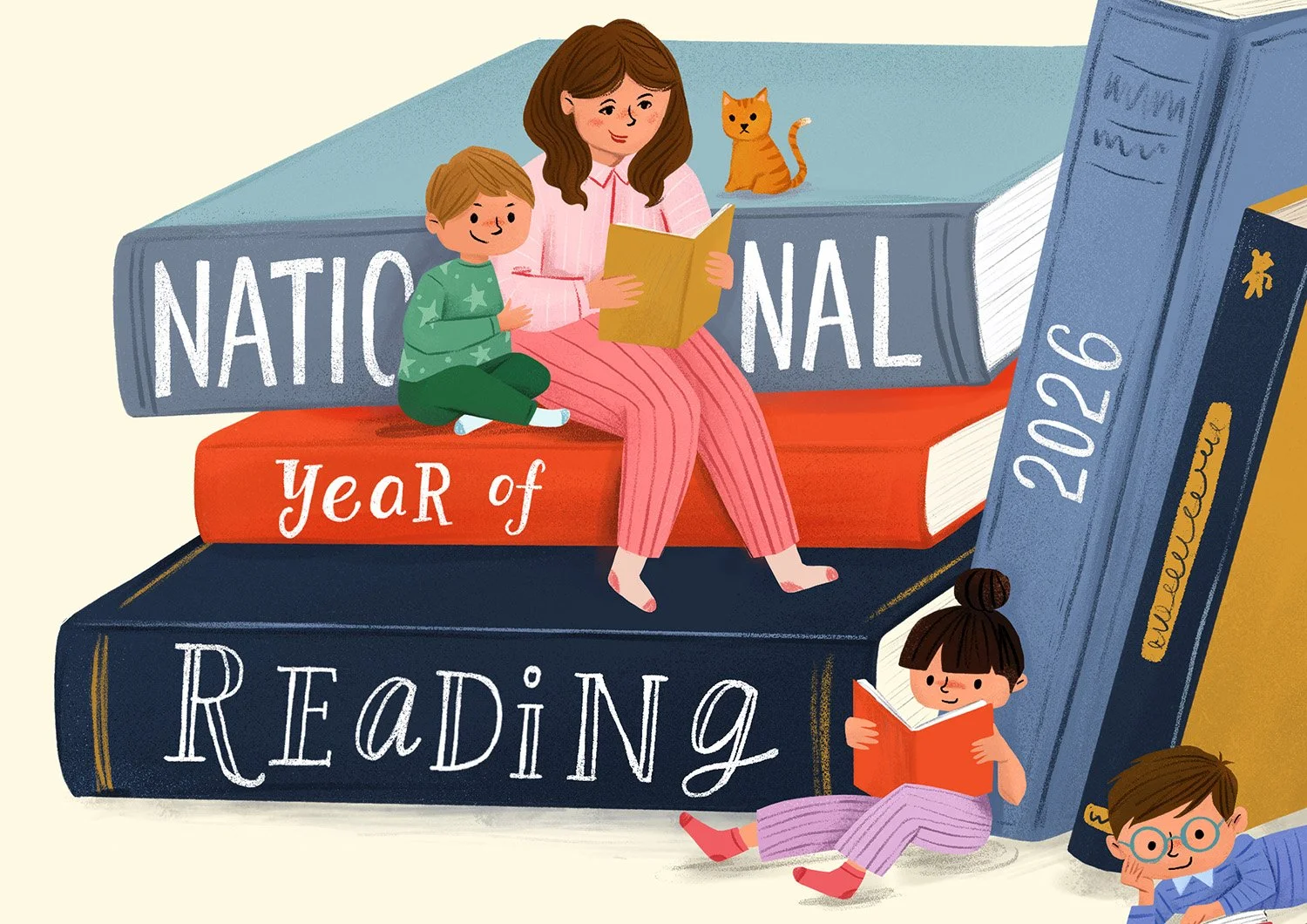 An illustration of a group of children and an adult reading book among books created by Siya Liu.