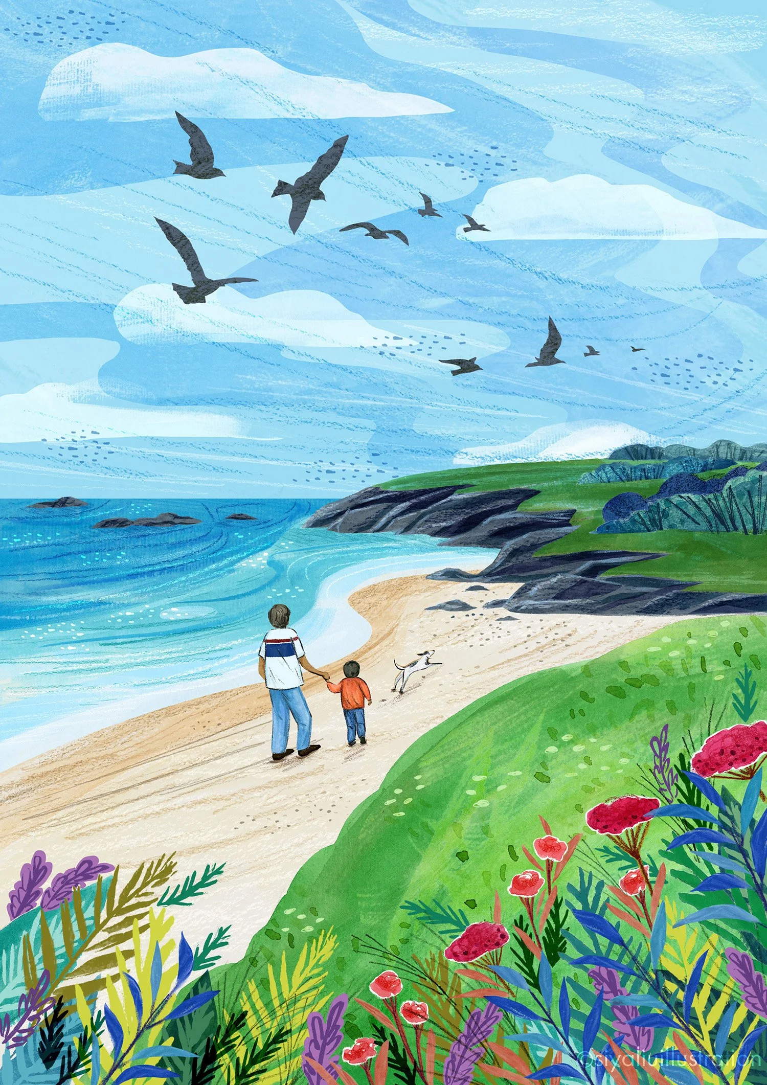 A mixed-media illustration by Siya Liu depicts a little boy walking with his dad and a dog running in front at a beach.