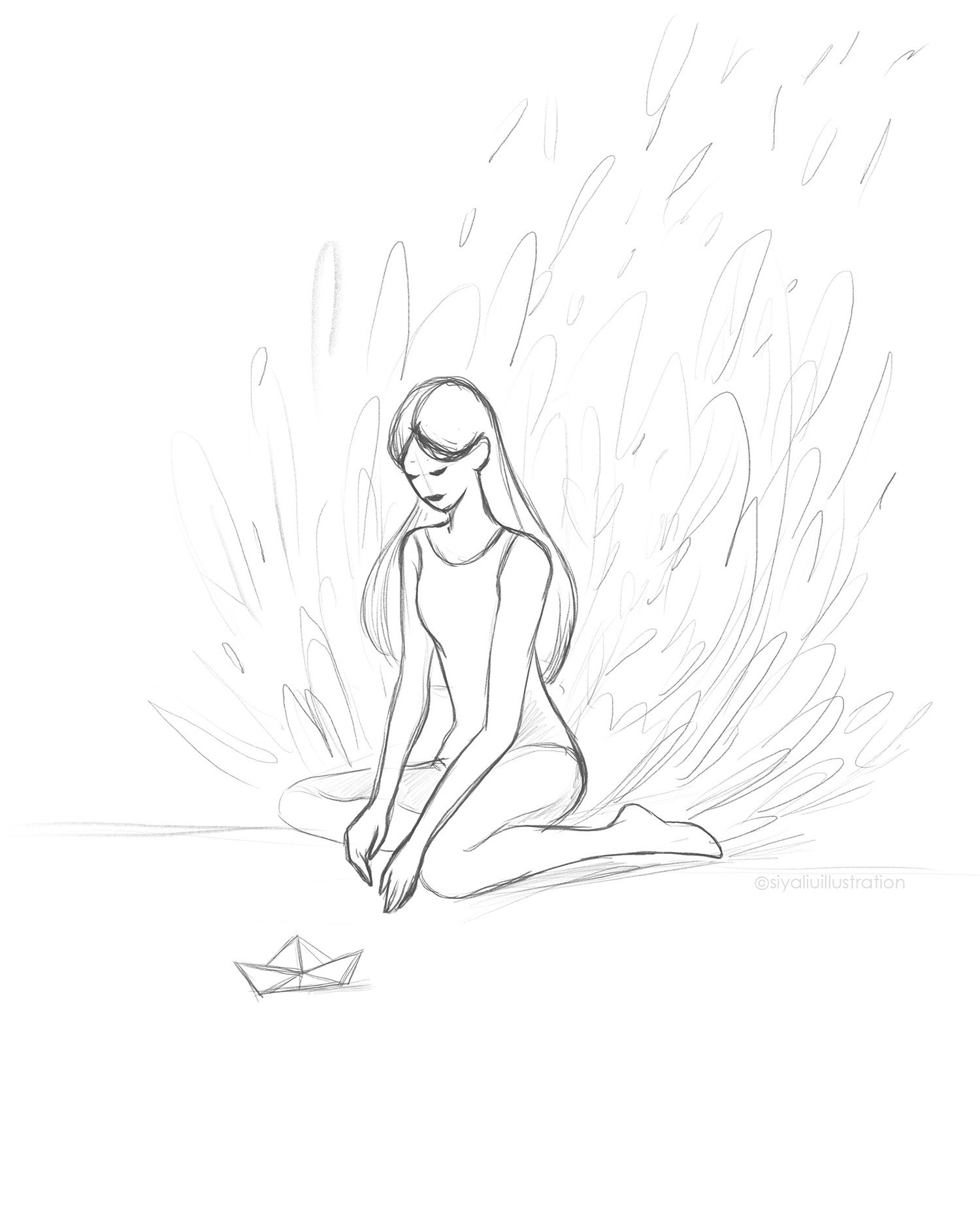 Original sketch for About Grief, a personal illustration project by Siya Liu exploring themes of loss through the image of a paper boat.
