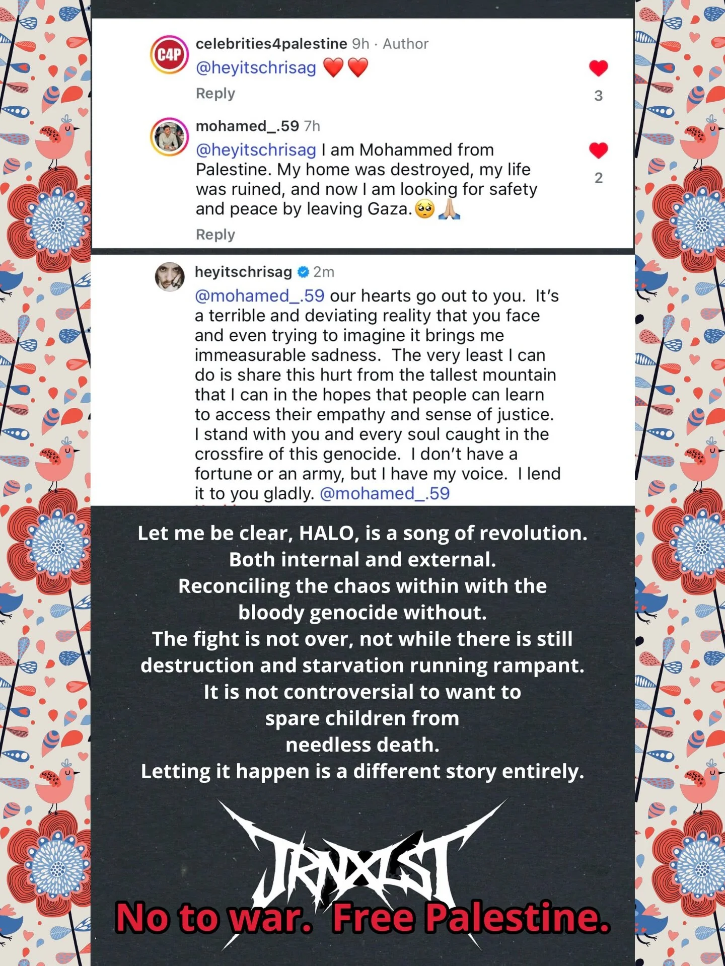 No to war. Free Palestine.