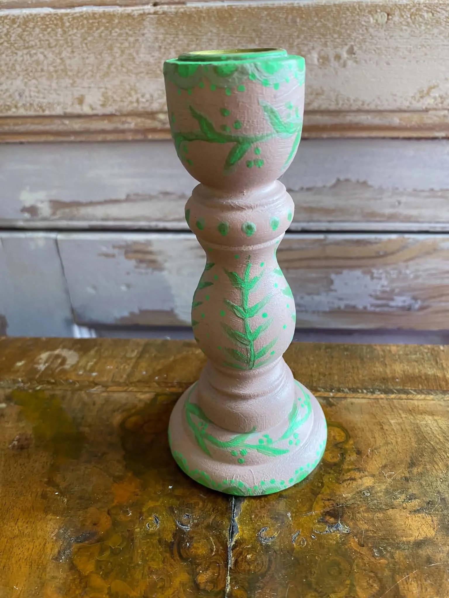 Folk Art Pink with Green Leaves Candlestick