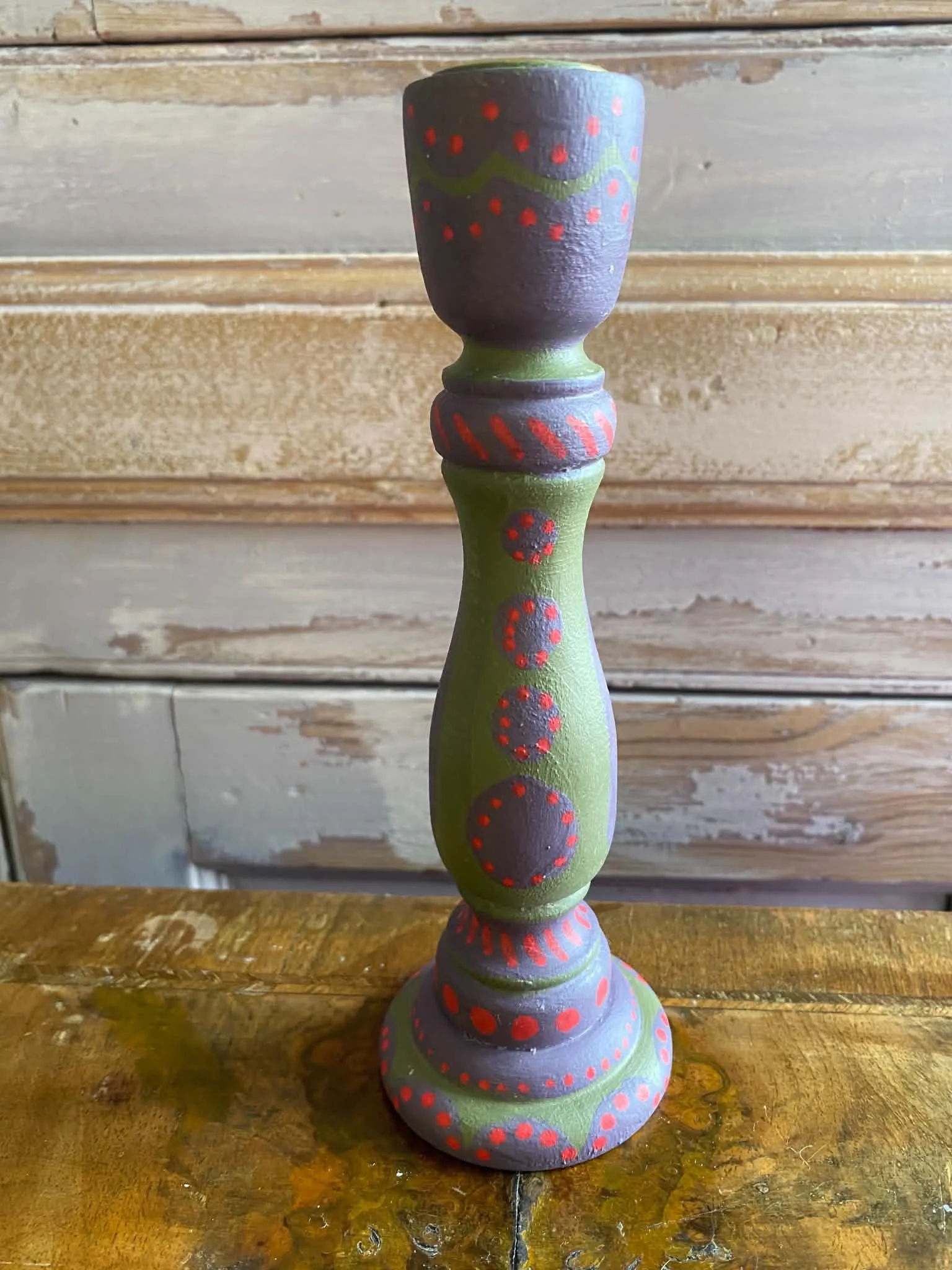 Charleston House Inspired Purple, Olive and Red Wooden Candlestick