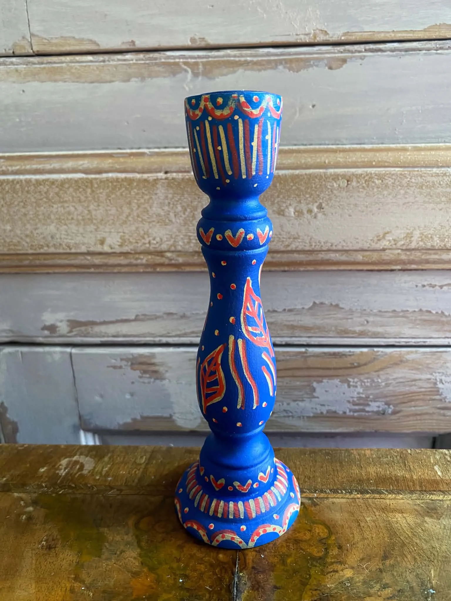 Folk Art Pale Blue and Red Heart Wooden Candlestick