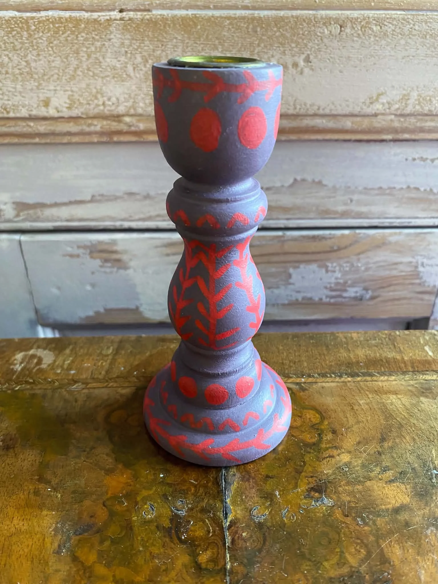 Folk Art Red Dots on Purple Candlestick
