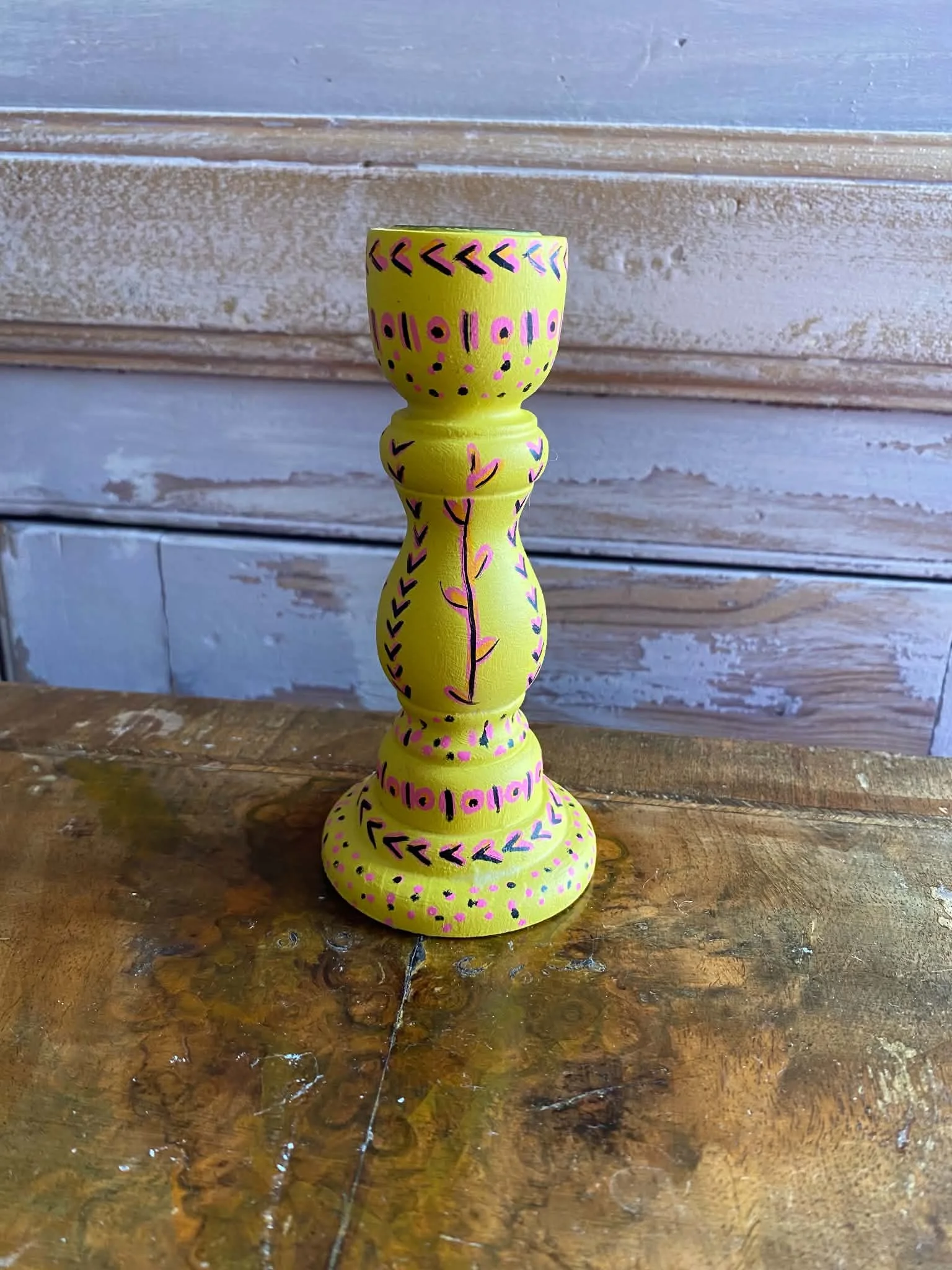 Folk Art Yellow with Pink and Black Candlestick