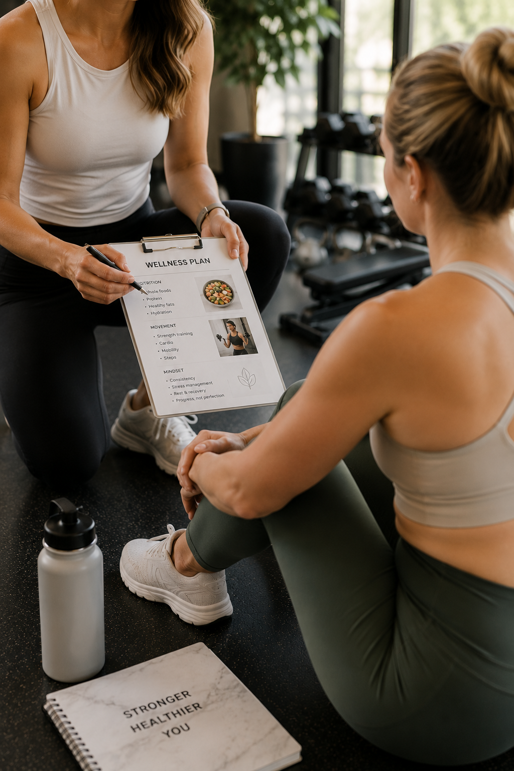 A fitness trainer holding a wellness plan clipboard and discussing it with a woman in workout clothing at a gym.