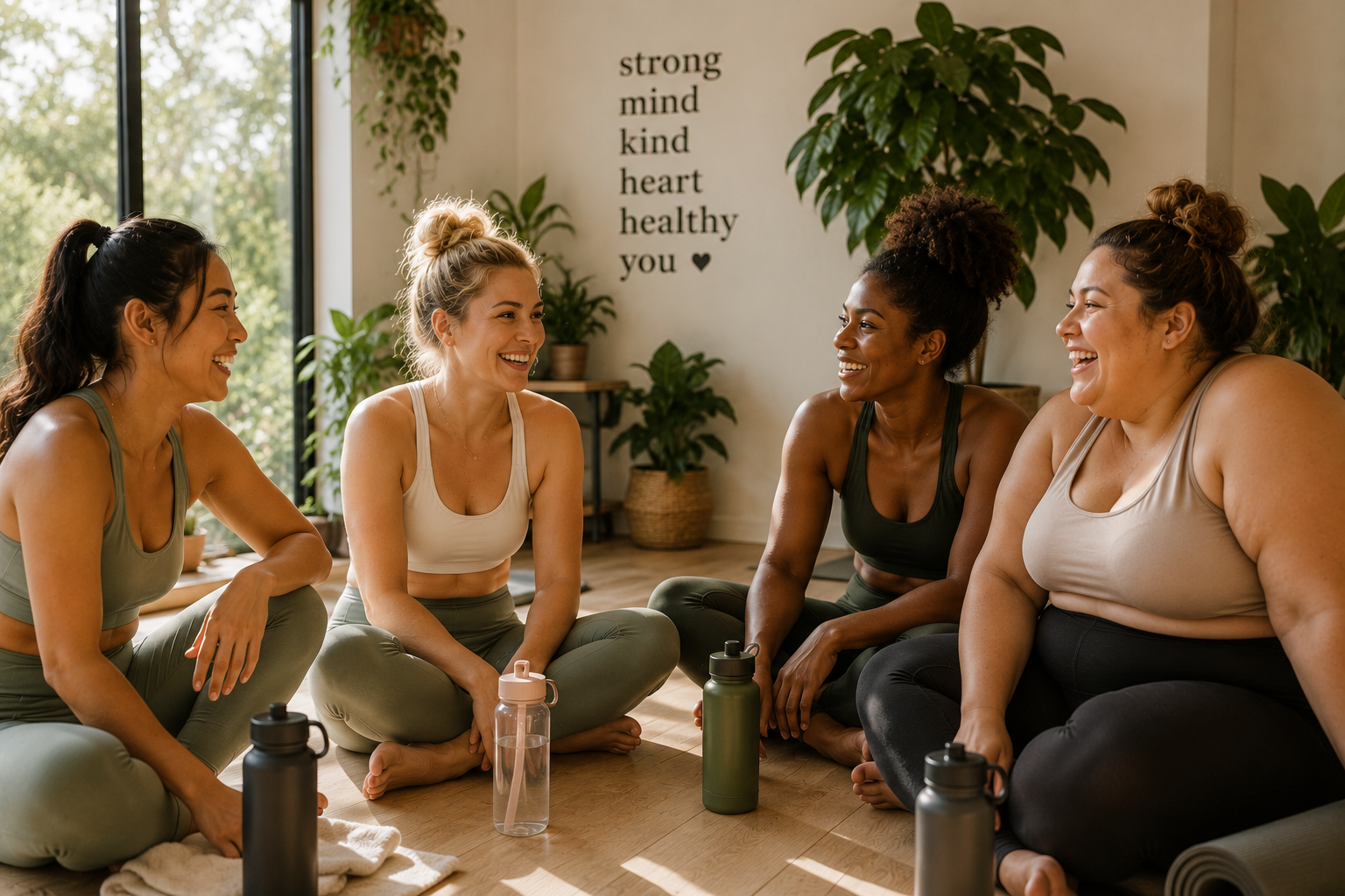 Four women in athletic clothing sitting on the floor in a circle, smiling and talking during a fitness class or wellness session in a bright, plant-filled room.