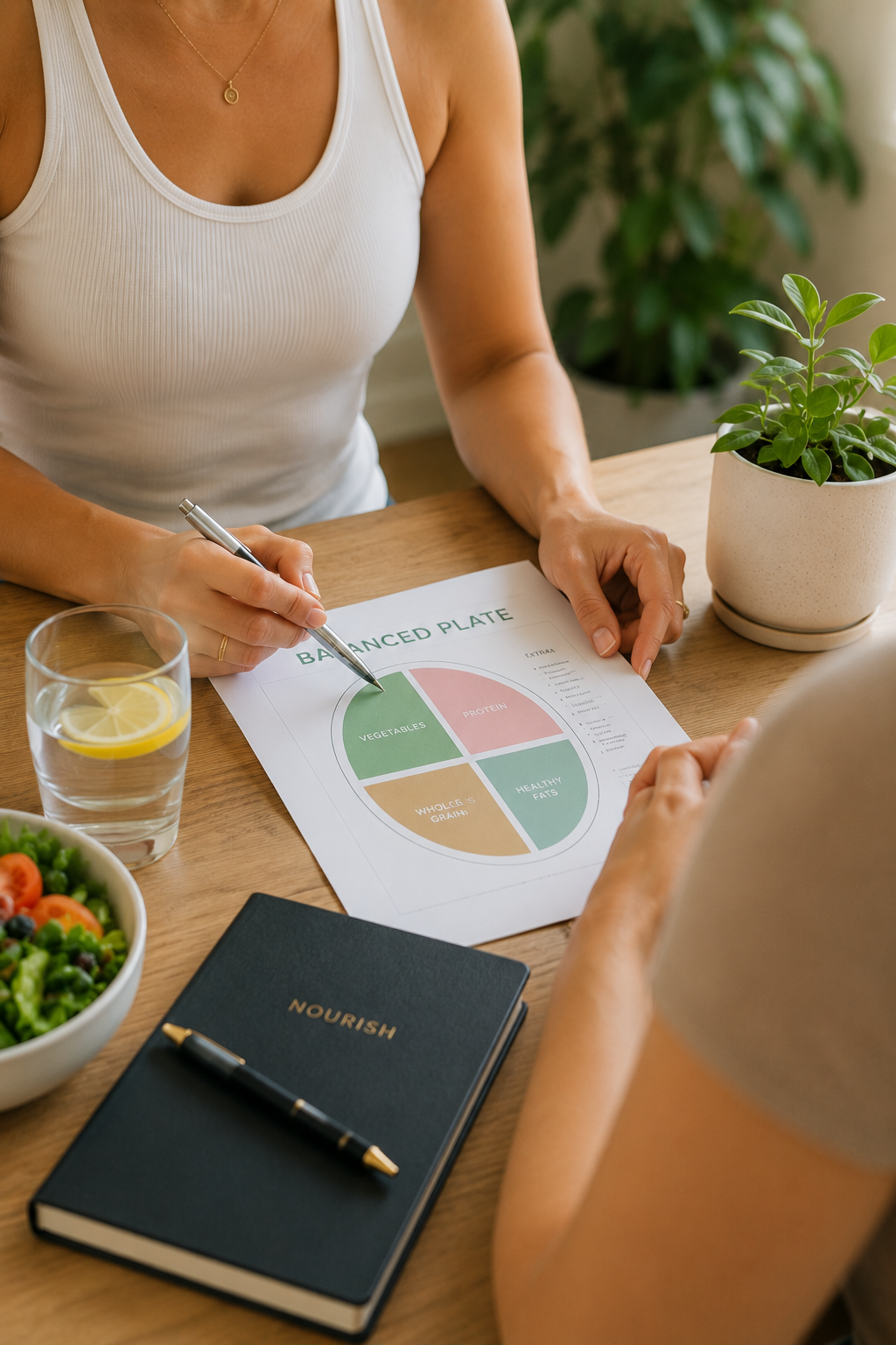 A woman in a white sleeveless top pointing at a balanced plate chart with a pen during a discussion at a wooden table, which also has a salad bowl, a glass of lemon water, a black notebook with a gold-pen, and a potted plant.