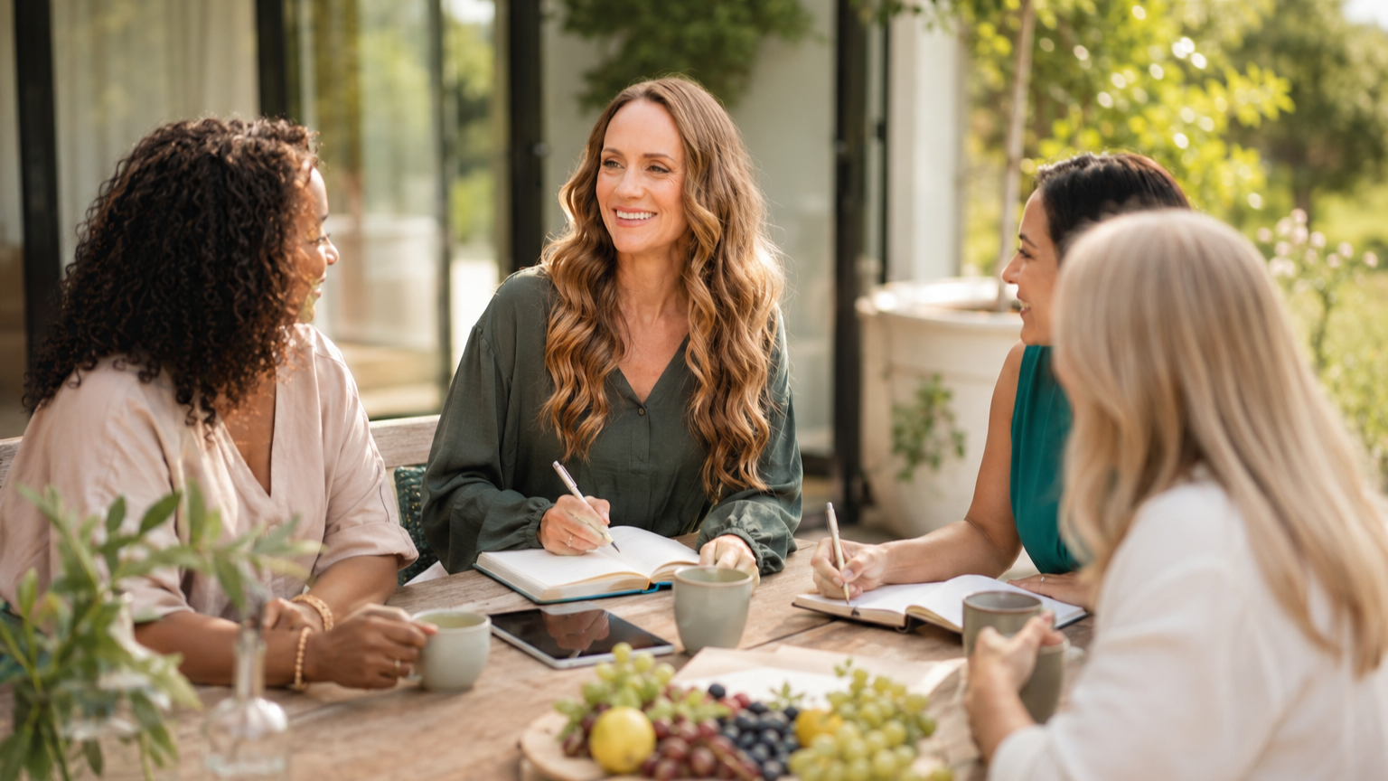 Four women sitting around a wooden table outdoors, engaged in a lively discussion, with notebooks, cups, and a tablet on the table.