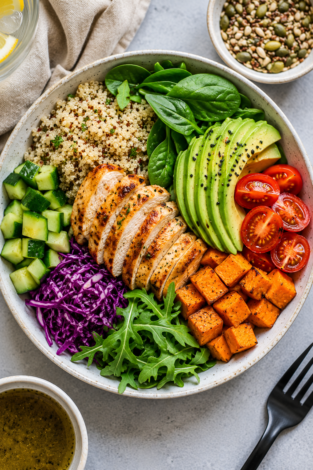Colorful Buddha bowl with quinoa, sliced grilled chicken, avocado, cherry tomatoes, cucumber, purple cabbage, spinach, arugula, and roasted sweet potatoes, served with a side of dressing.