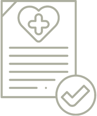 A health document with a heart and cross symbol at the top and a checkmark icon at the bottom right.