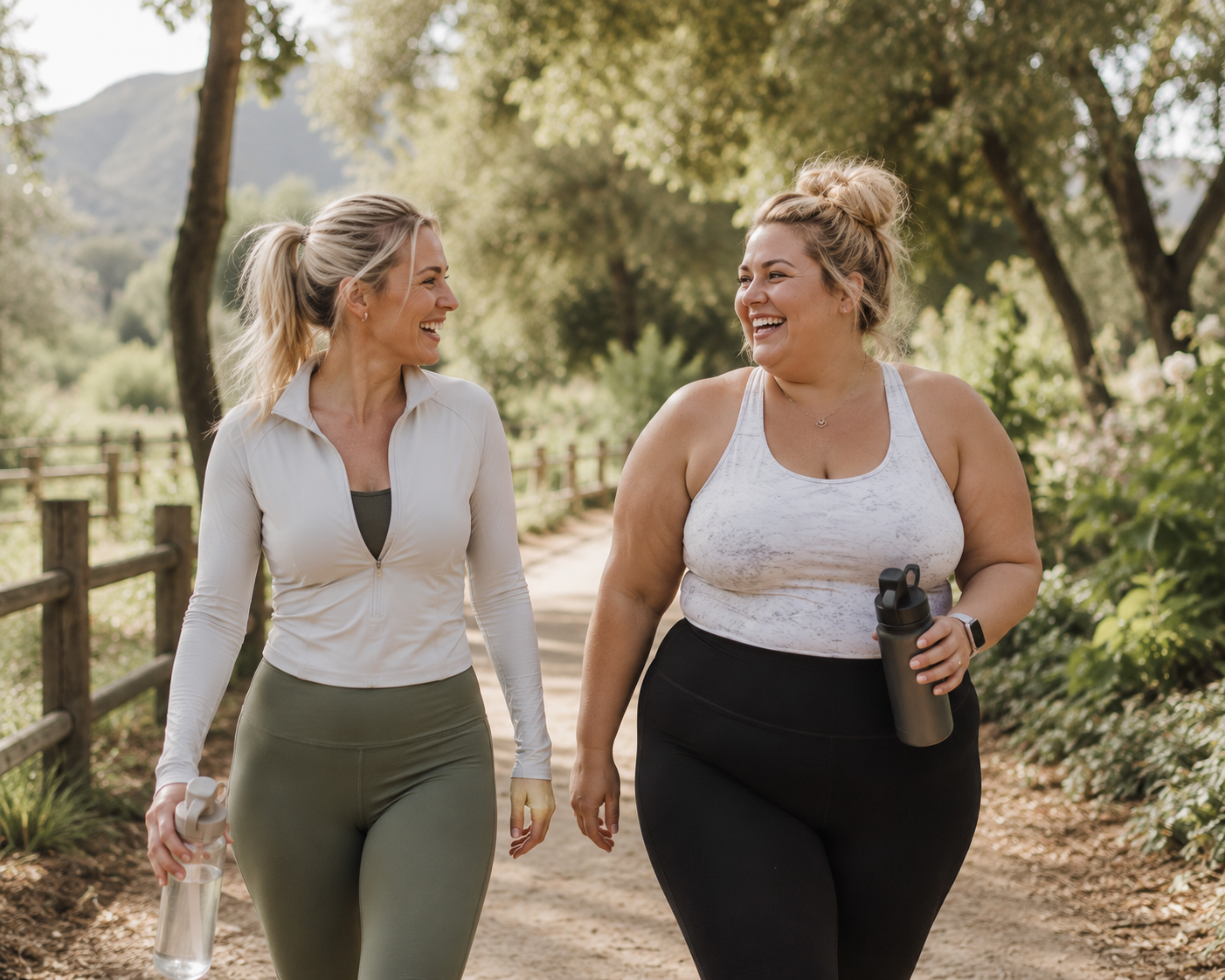Two women walking on a trail outdoors, smiling and talking, surrounded by trees and greenery during daytime.