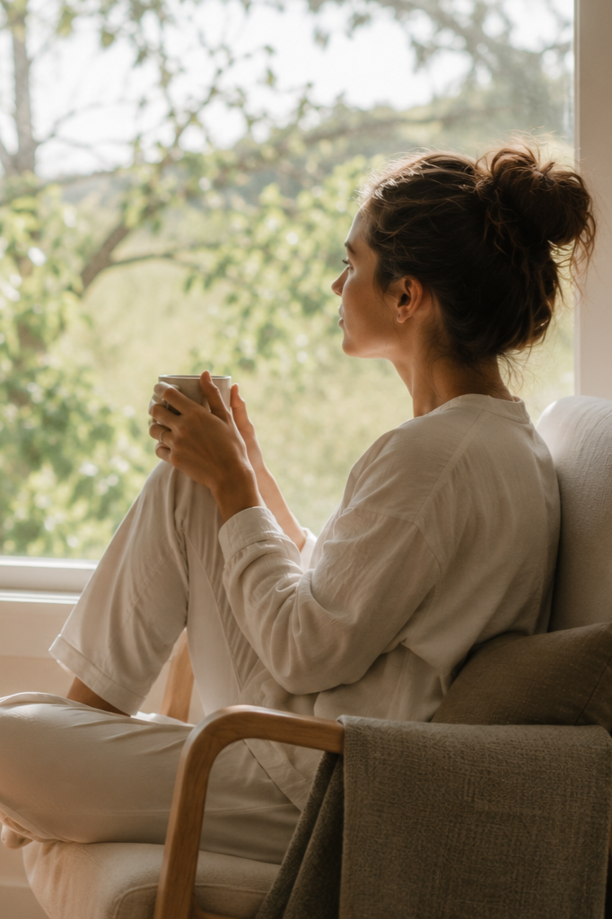A woman with brown hair in a messy bun, wearing white pajamas, sitting on a beige armchair by a large window, holding a mug and looking outside at green trees.