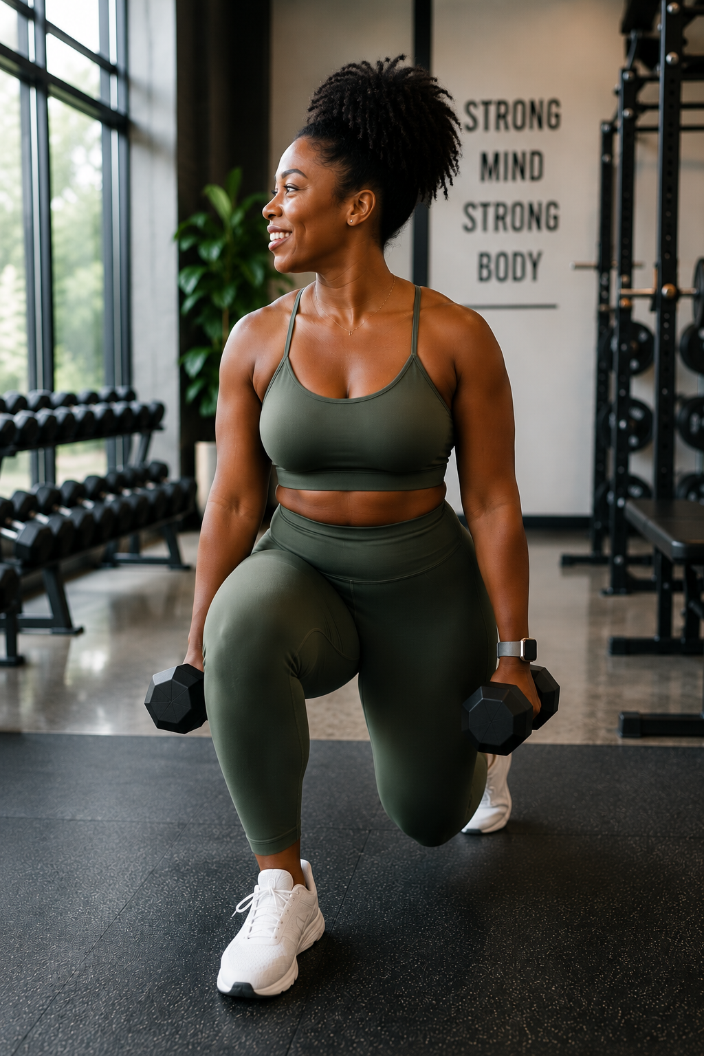An African American woman in athletic wear, holding dumbbells and performing a lunge exercise in a gym with large windows, gym equipment, and motivational sign that reads 'STRONG MIND STRONG BODY'.