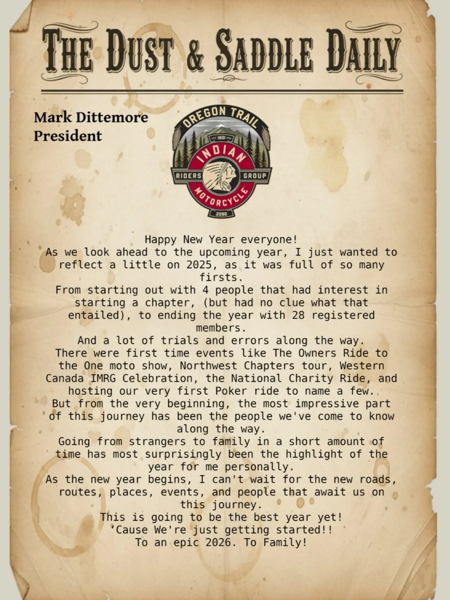 January's Edition of our Dust &amp; Saddle Daily blog

#dust&amp;saddledaily #oregontrailimrg2090 #indianmotorcycle