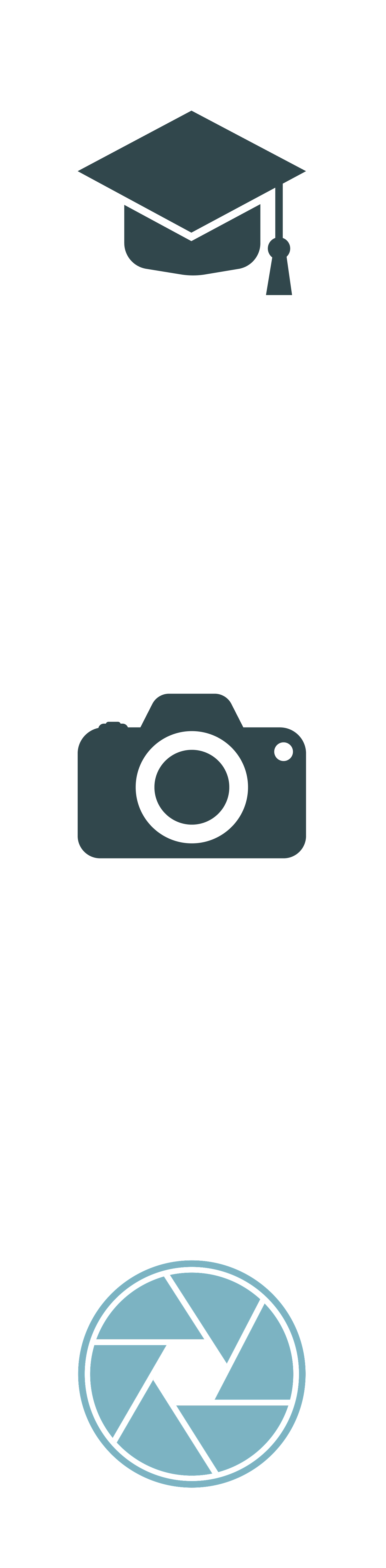 Icon of a graduation cap with a tassel, a camera, and a camera shutter.