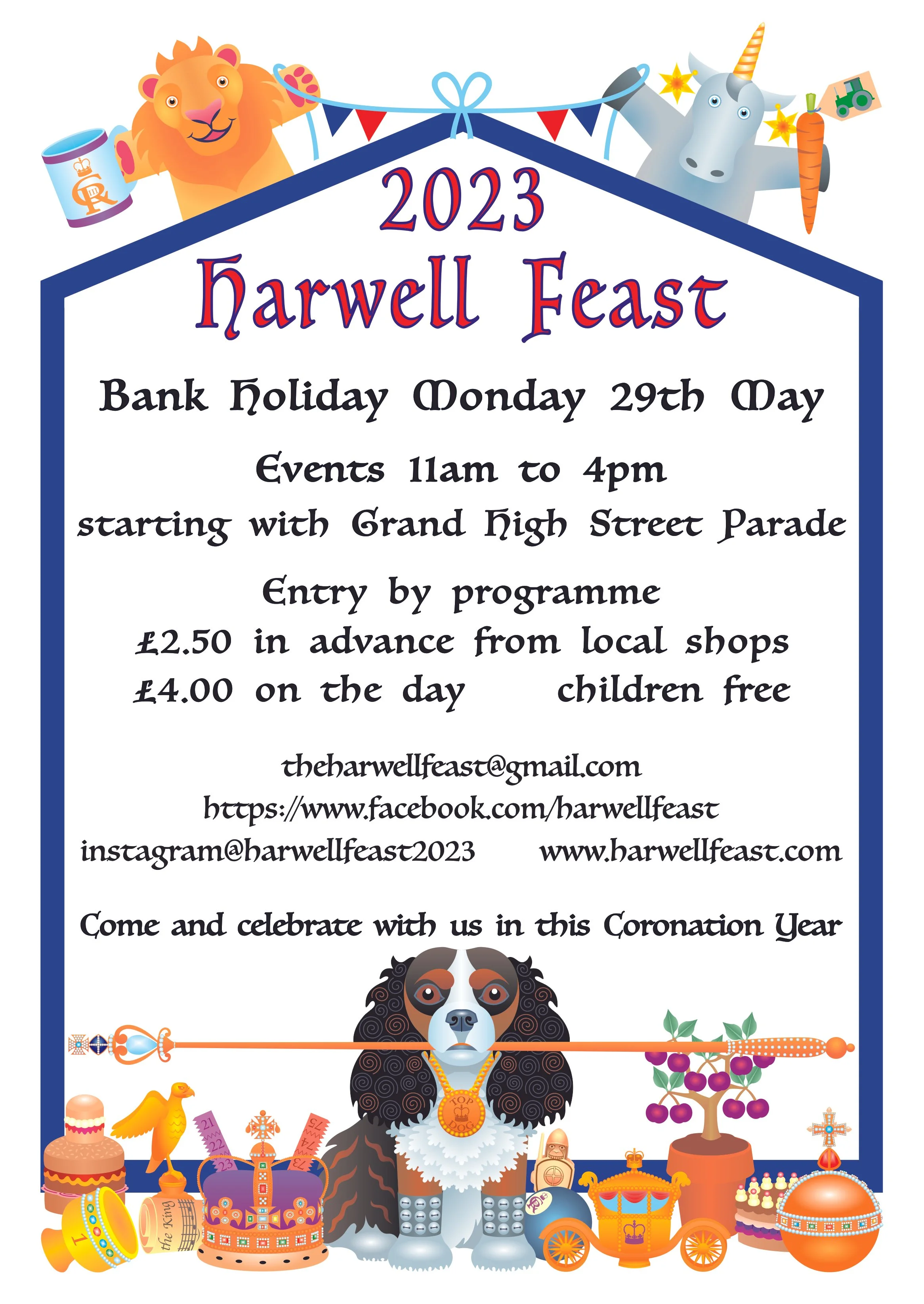 Event poster for the 2023 Harwell Feast with cartoon illustrations of a lion, unicorn, and dog, and various celebration items, including cakes, a crown, a parrot, a tree with berries, a carousel, and decorative objects.