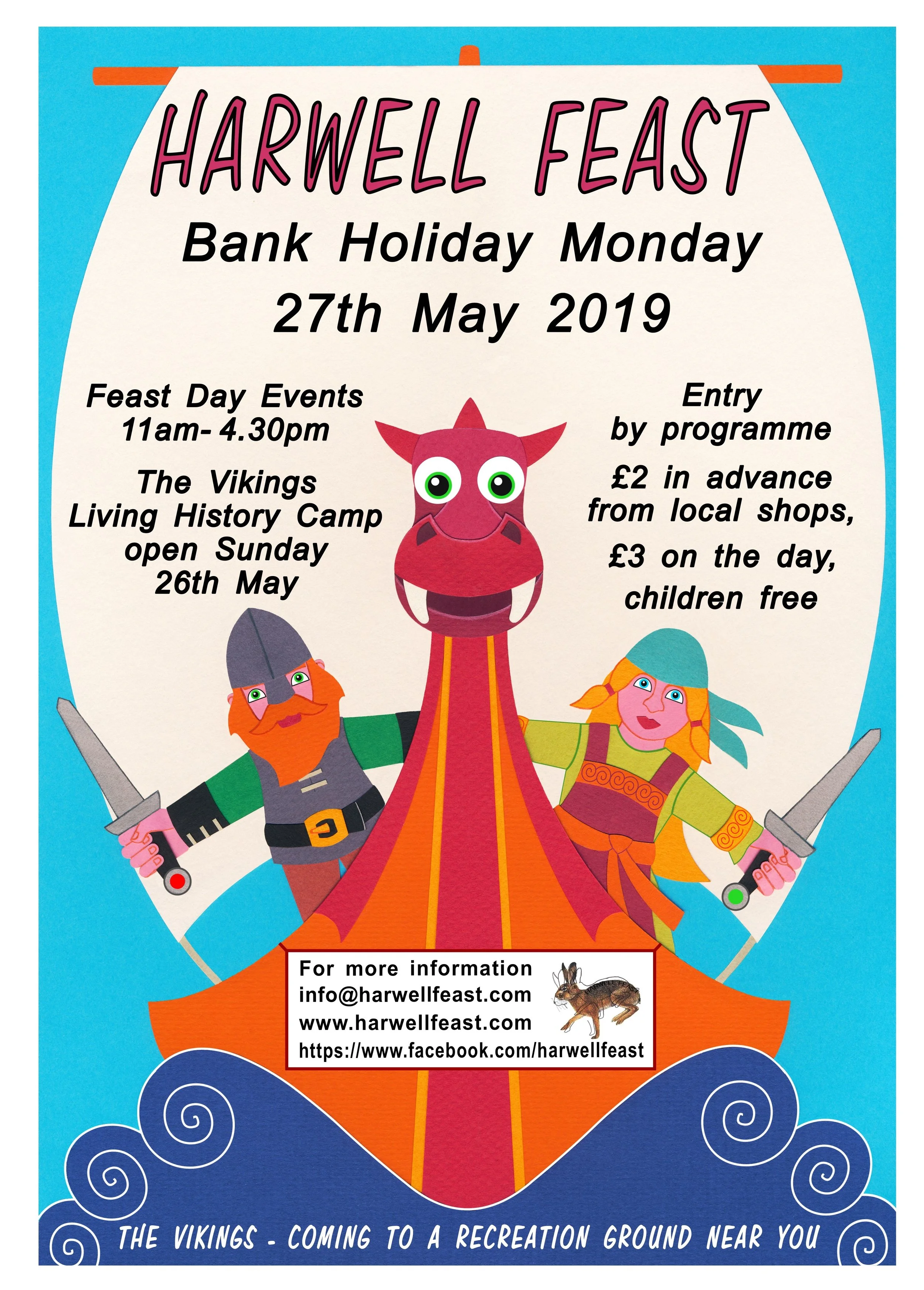 A colorful poster for Harwell Feast on Bank Holiday Monday, May 27th, 2019, featuring Viking characters, a dragon, and humorous event details, with contact info and social media links.