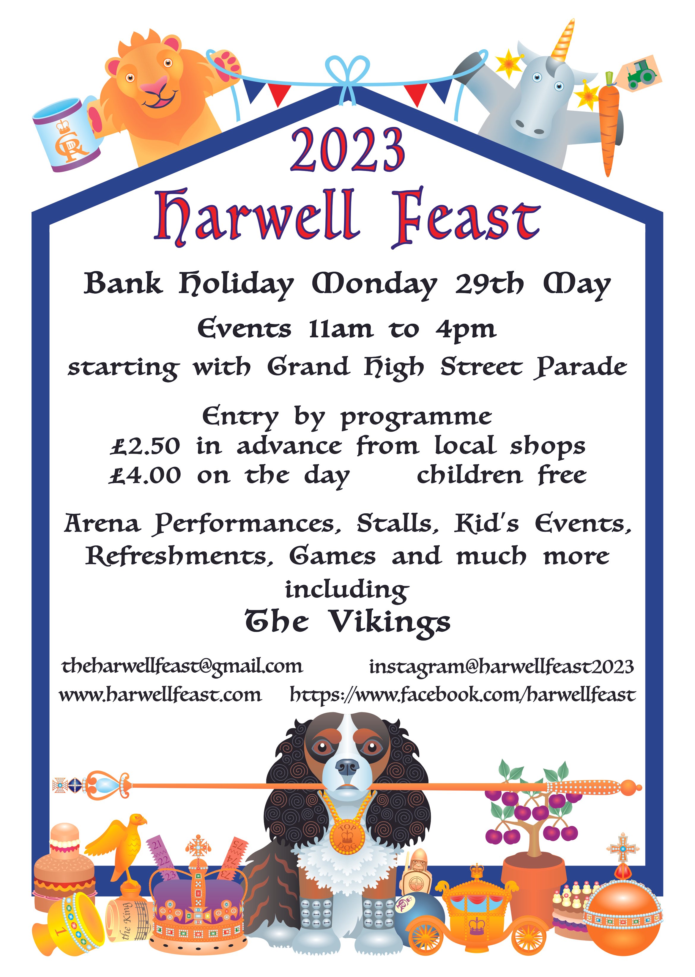 A festive poster advertising the 2023 Harwell Feast. The poster features a lion, unicorn, and dog dressed as a valiant knight with a spear, with colorful decorations, event details, and images of crowns, drums, a parrot, and a cherry tree, emphasizin