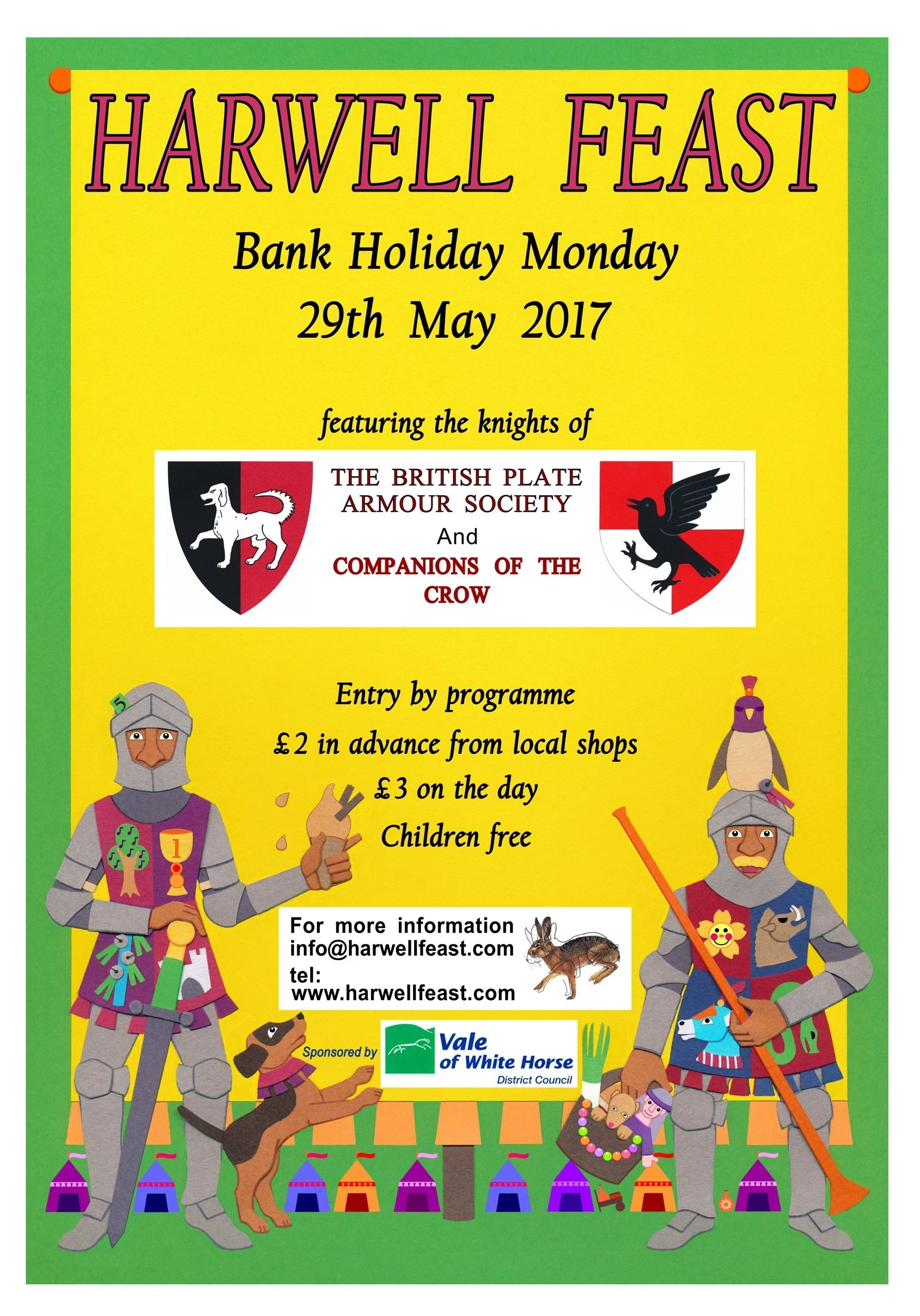 Colorful poster for Harwell Feast on May 29, 2017, featuring knights in armor, shields with heraldic symbols, a dog, and a decorated cart with toys and flags, with event details and sponsorship information.