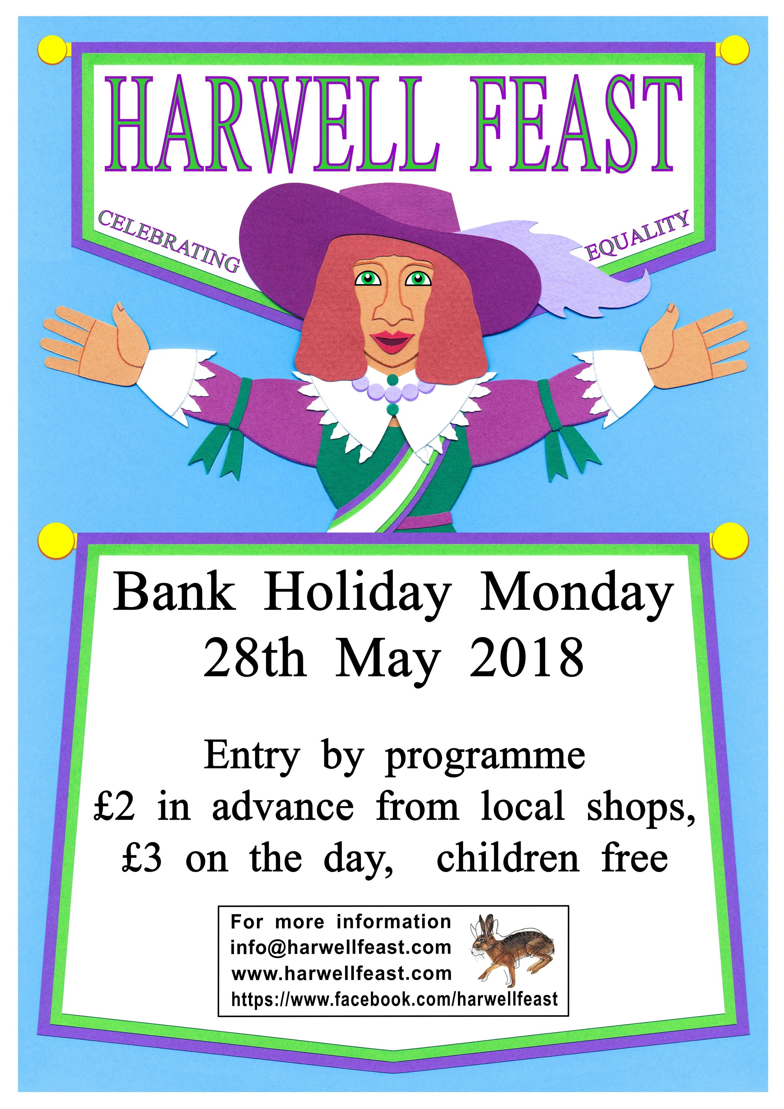 A colorful poster for Harwell Feast with a woman in historical costume wearing a purple hat, spreading her arms. The event celebrates equality and includes details about date, entry fee, and contact information.