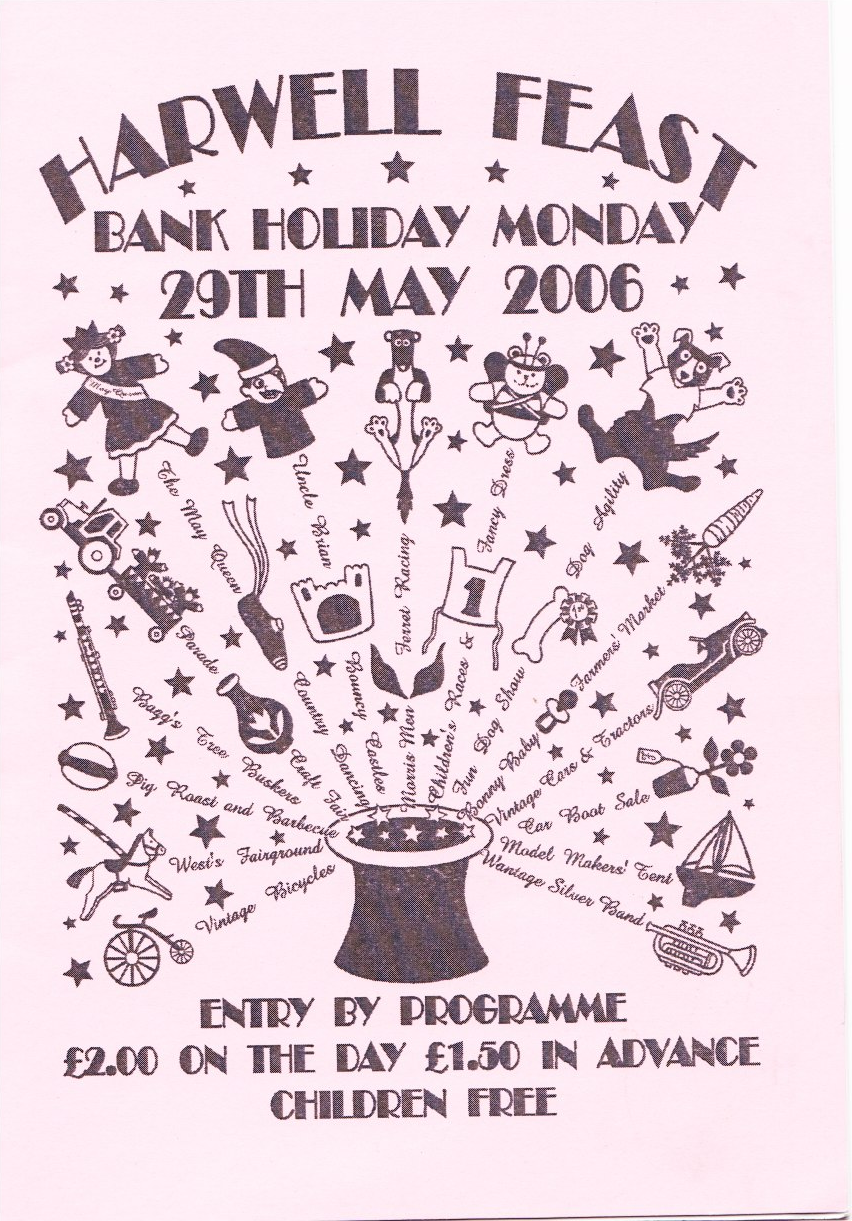 Black and white illustration of a poster for the Harwell Feast, a local event on Bank Holiday Monday, 29th May 2006. It features various festive drawings like children, animals, and event icons around a magician's hat. The poster includes information