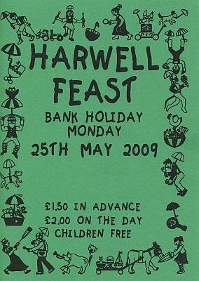 Green poster for Harwell Feast bank holiday event on Monday, 25th May 2009, featuring illustrations of people dancing, playing, and celebrating with umbrellas, musical instruments, and animals. Text includes ticket prices and details about the event.