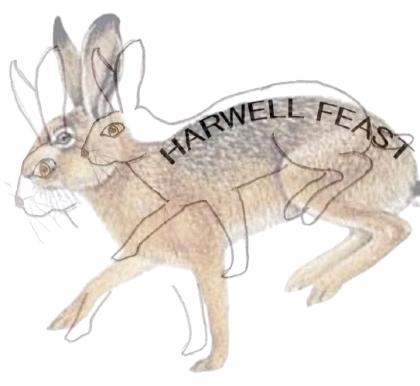 Illustration of a wolf with a superimposed canine face, overlaid with the text 'Harwell Feast'.