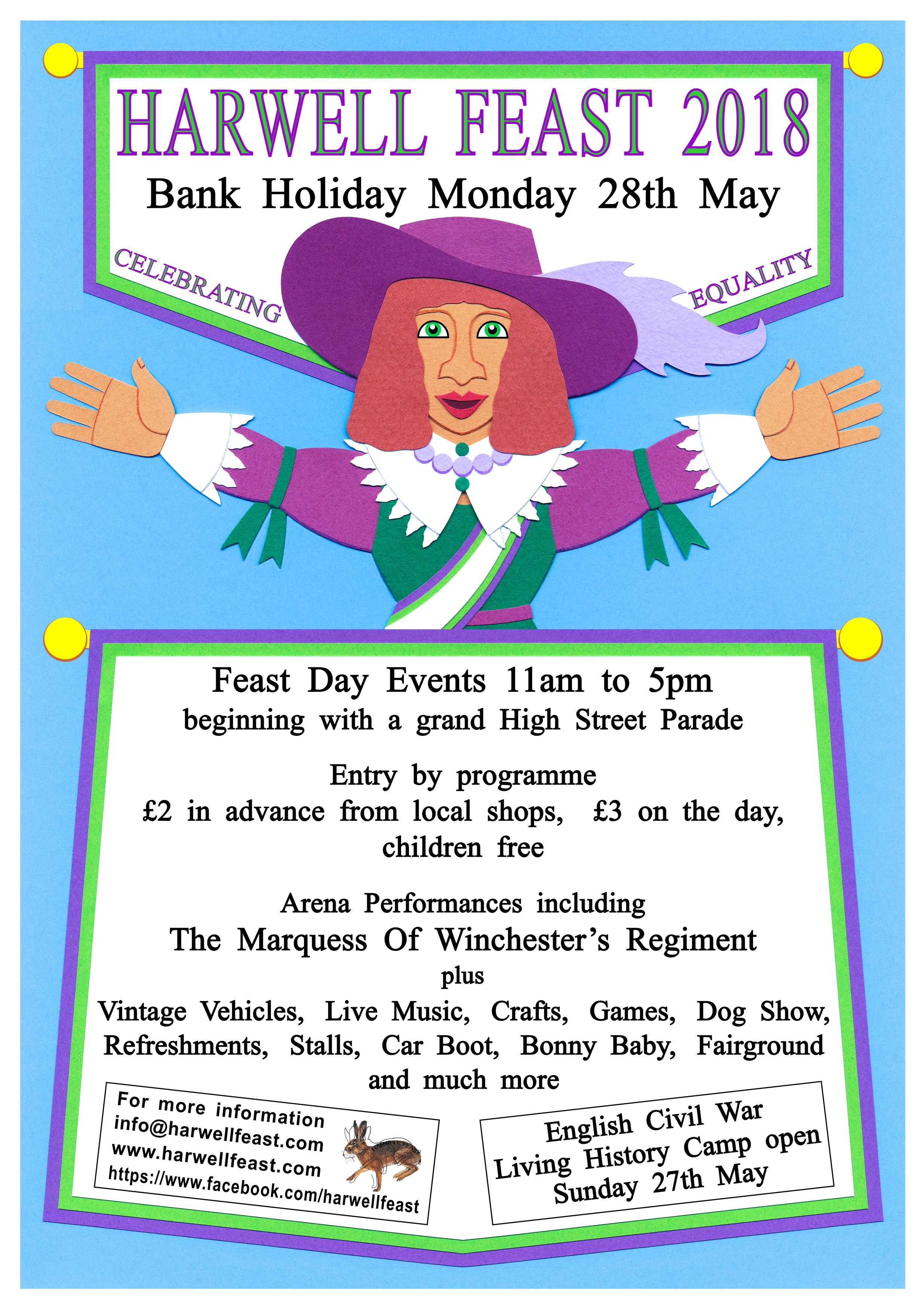 Colorful poster for Harwell Feast 2018 with a cartoon woman in historical attire, including a purple hat and dress, announcing event details such as date, time, activities, and entertainment.