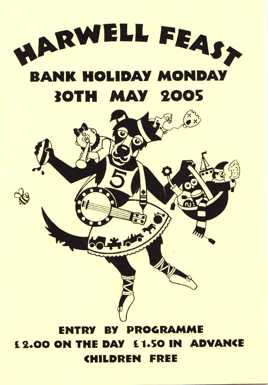 A black and white illustrated poster for Harwell Feast, Bank Holiday Monday, 30th May 2005. It features a dog playing a guitar, with several smaller cartoon characters, bees, and a roller coaster in the background. The text mentions entry prices and 