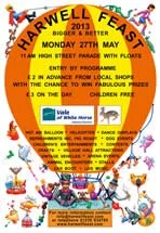 Colorful hot air balloon with event details for the 2013 Harwell Feast, including dates, times, and activities like a parade, children's fun, and food stalls, surrounded by festive characters and decorations.