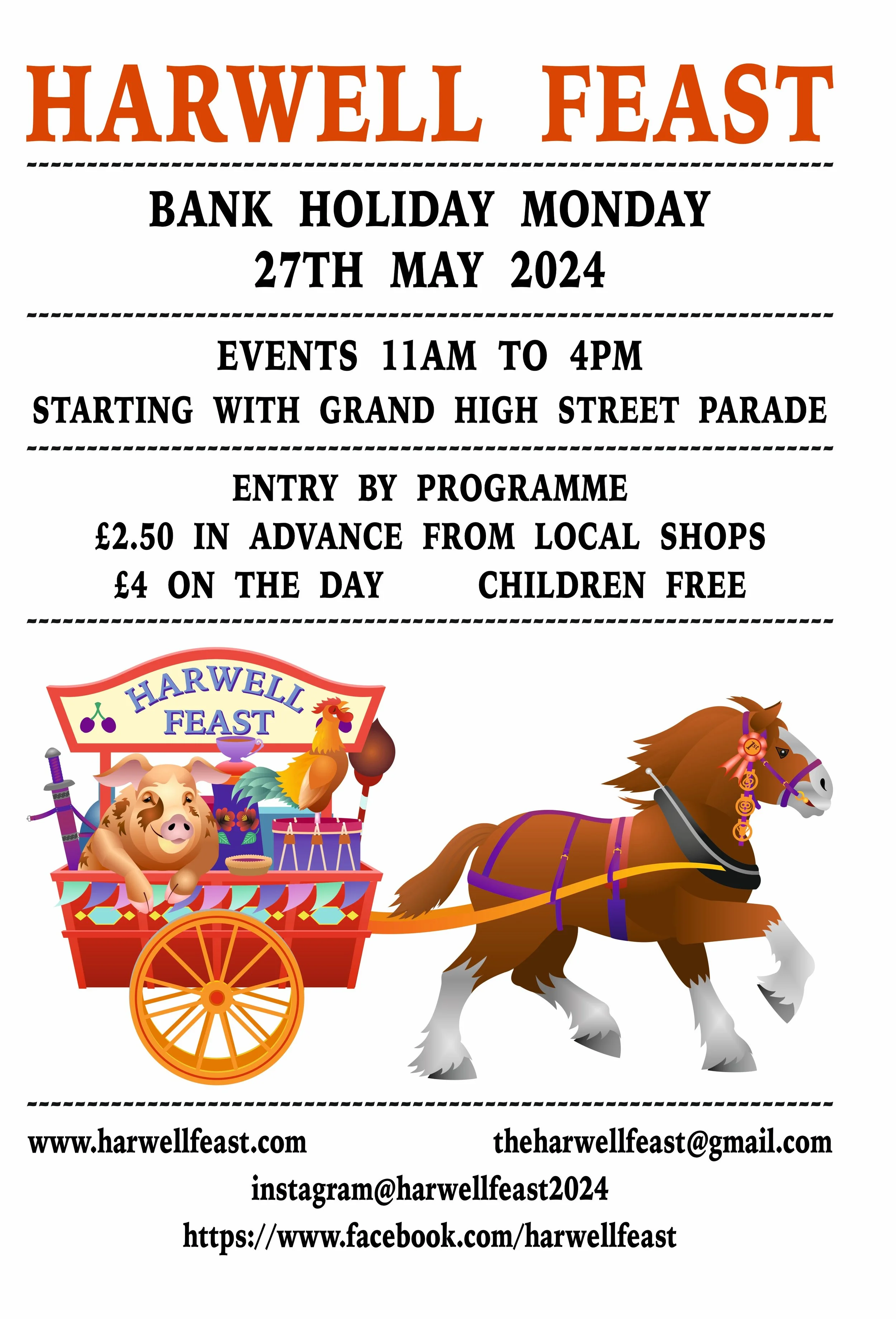 Flyer for Harwell Feast event on May 27, 2024, with a parade starting at Grand High Street. Features an illustration of a pig and horse pulling a cart decorated for the feast.