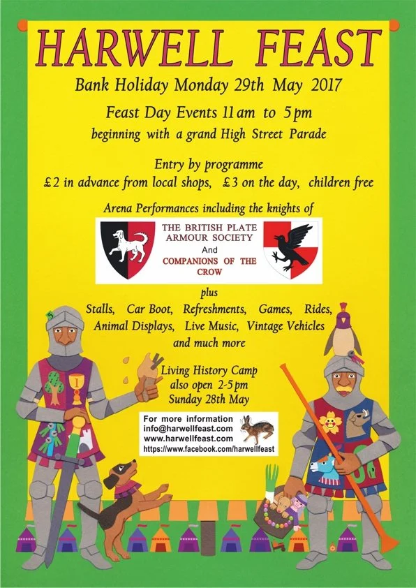 Colorful poster for Harwell Feast event with knights in armor, a dog, and various activities listed, including a parade, arena performances, stalls, rides, and a history camp, scheduled for Bank Holiday Monday, 29th May 2017.