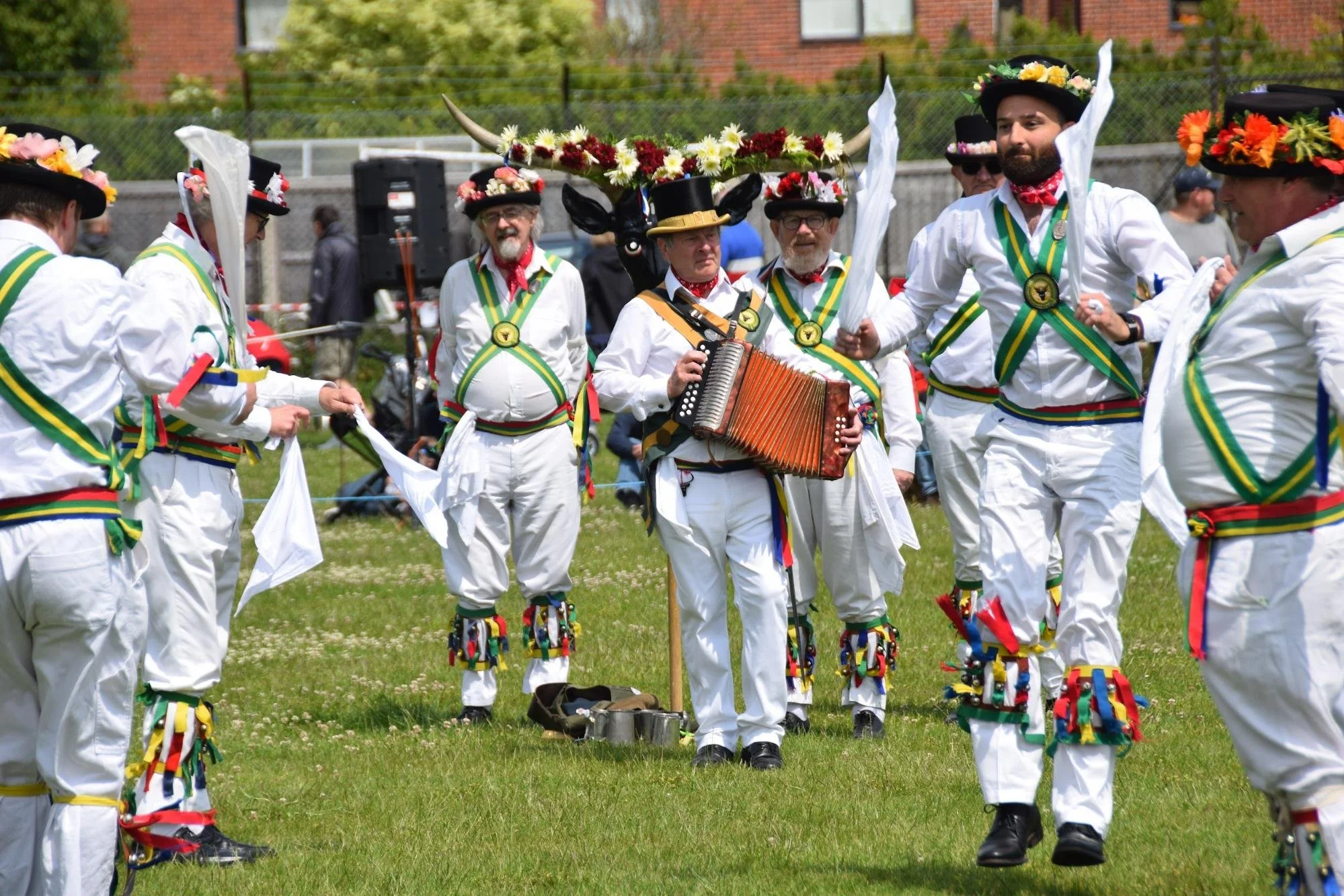 Group of men in traditional colorful costumes with floral hats, some holding flags, gathered on a green field with a black bull in the background, participating in a cultural festival or event.